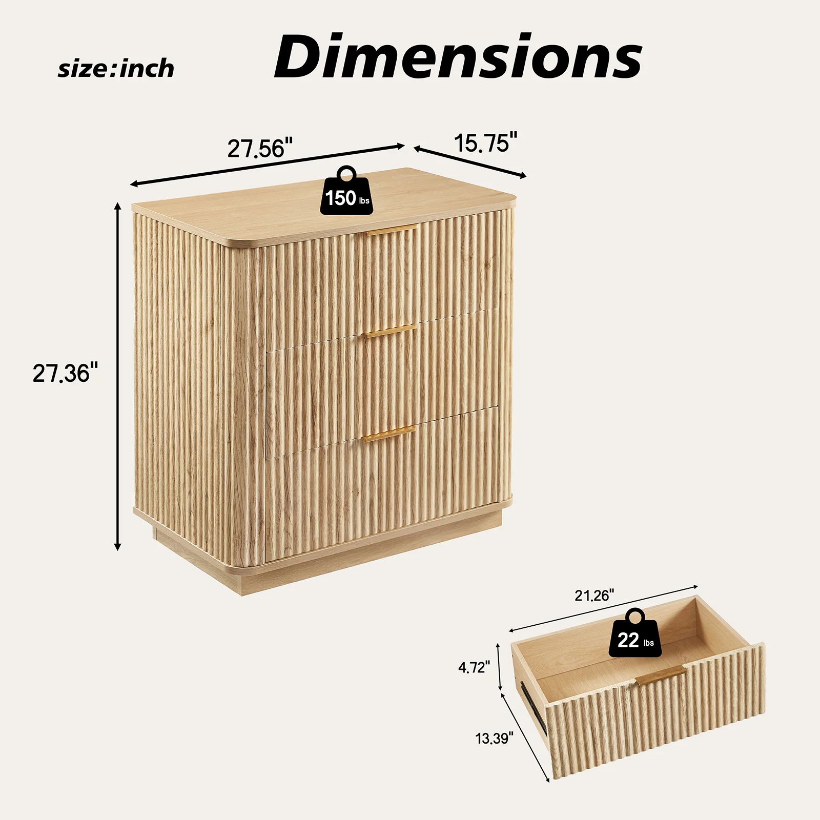 Fluted Wide Modern 3 Drawers Nightstand & Side Table Set of 2 - Image 5