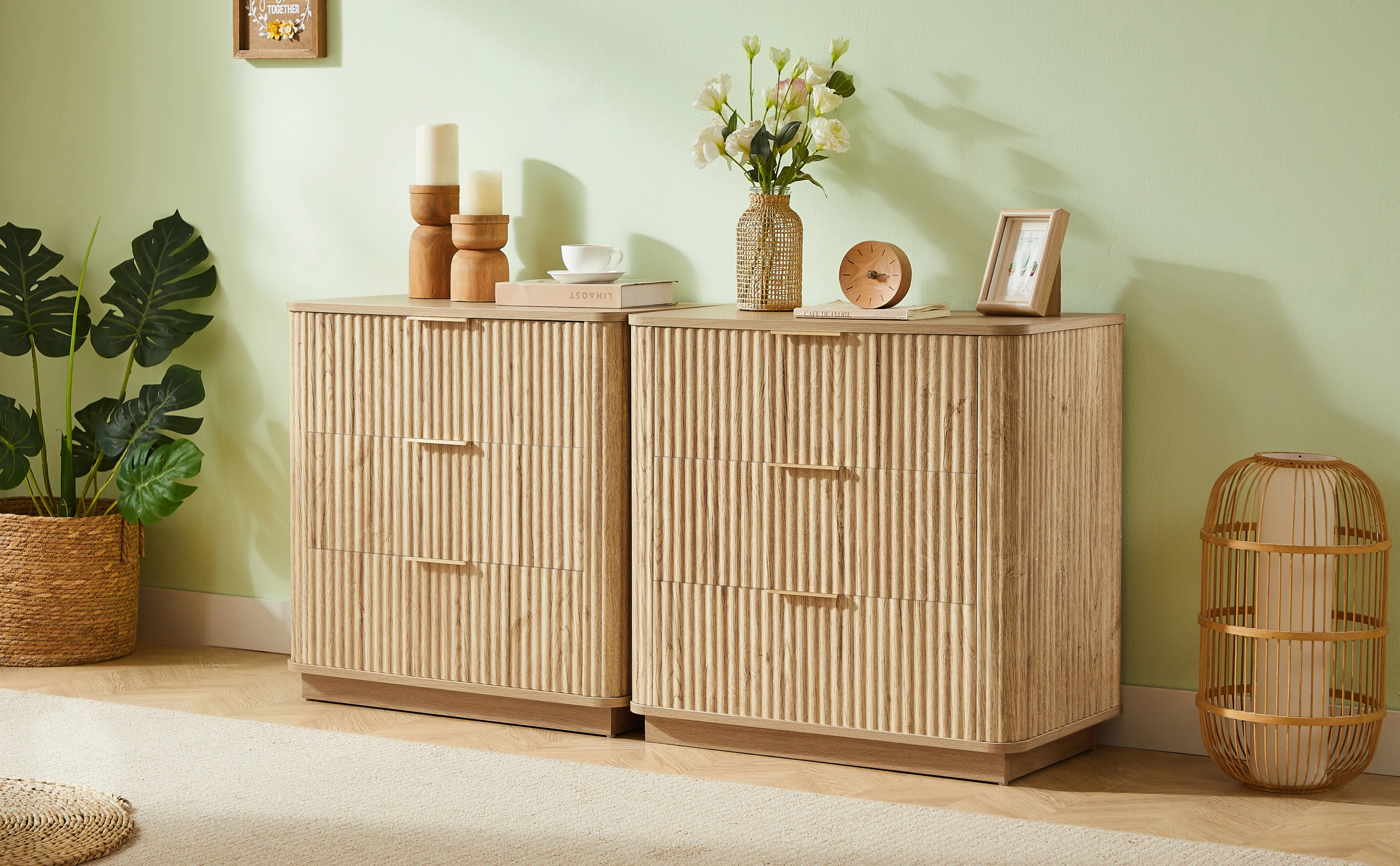 Fluted Wide Modern 3 Drawers Nightstand & Side Table Set of 2 - Image 6