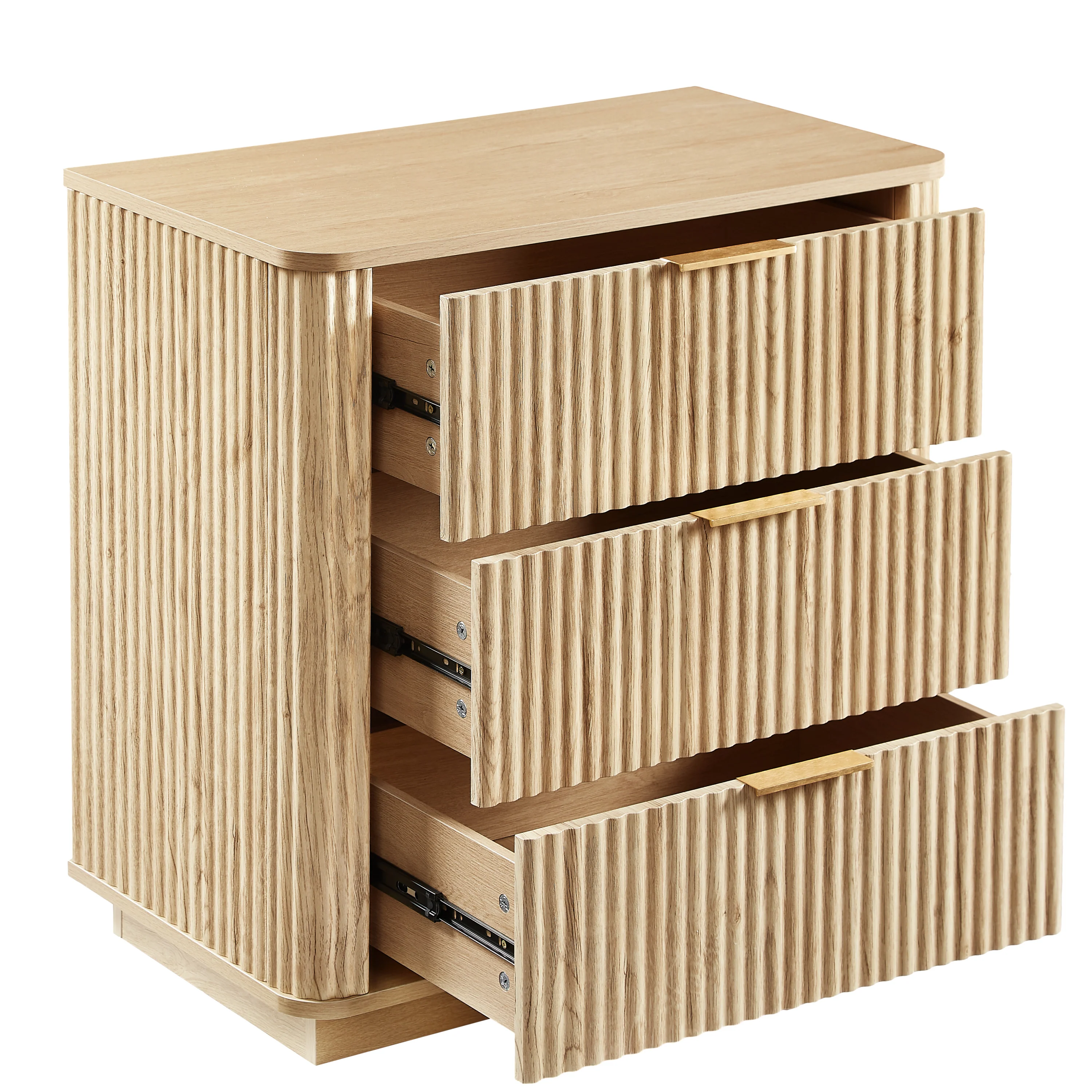 Fluted Wide Modern 3 Drawers Nightstand & Side Table Set of 2 - Image 9
