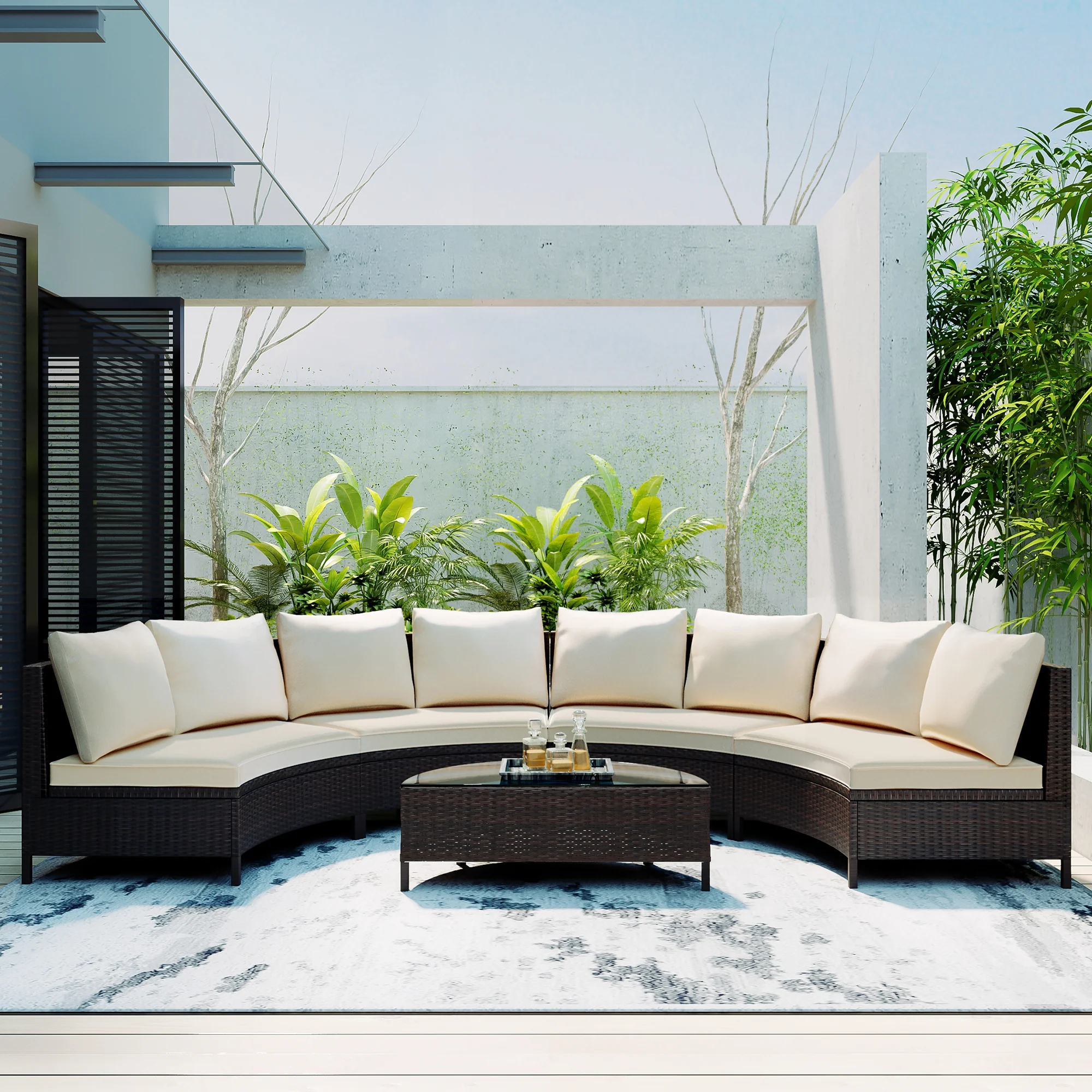 Half-Moon 5 Piece All-Weather Outdoor Patio Wicker Sofa Sectional Set with Table