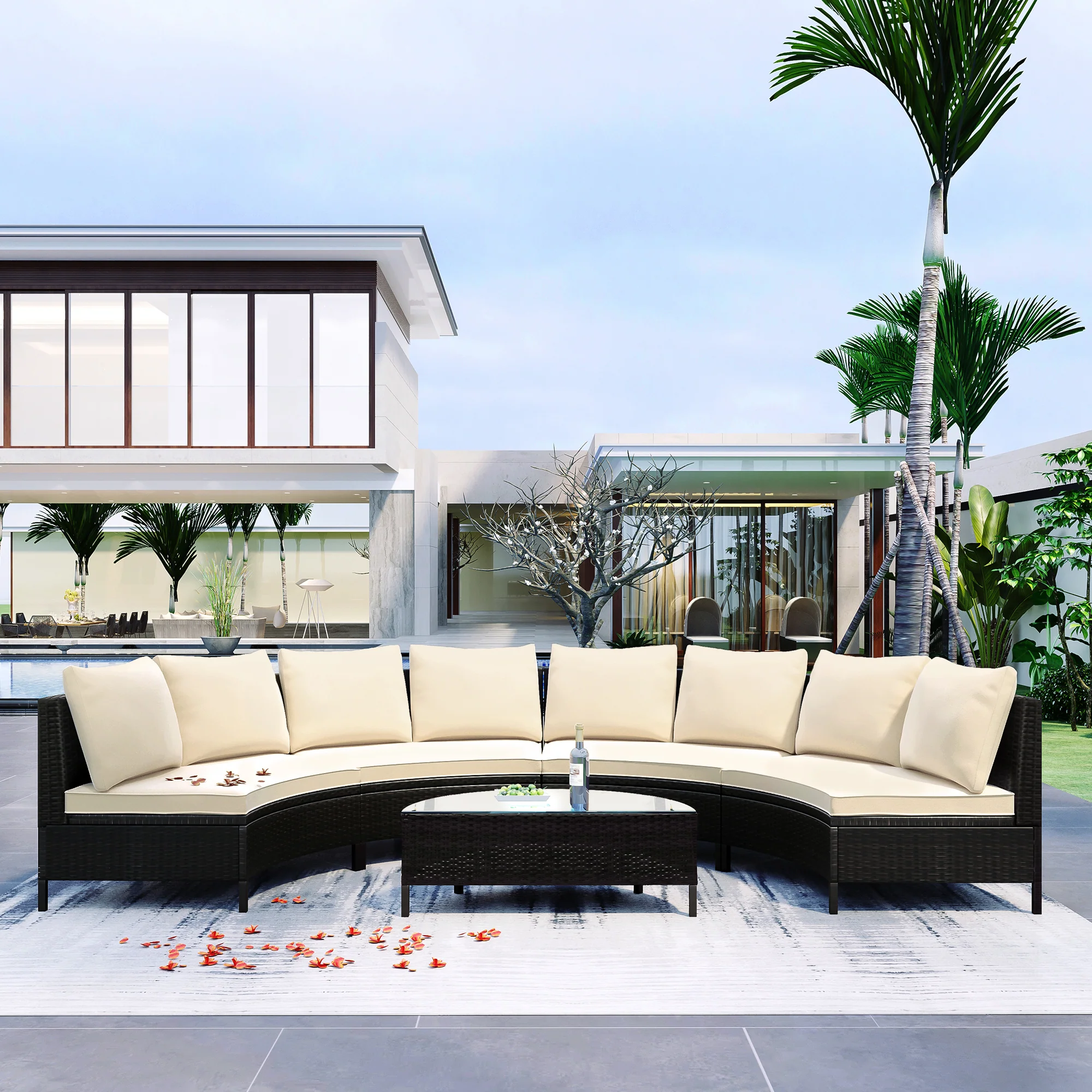 Half-Moon 5 Piece All-Weather Outdoor Patio Wicker Sofa Sectional Set with Table - Image 2