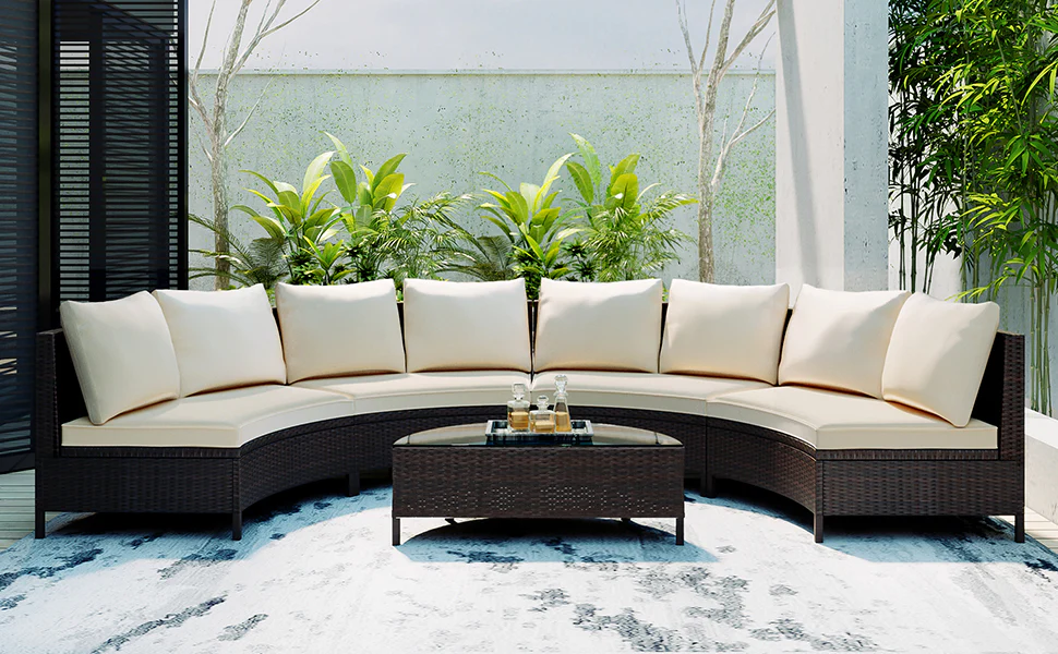 Half-Moon 5 Piece All-Weather Outdoor Patio Wicker Sofa Sectional Set with Table - Image 20