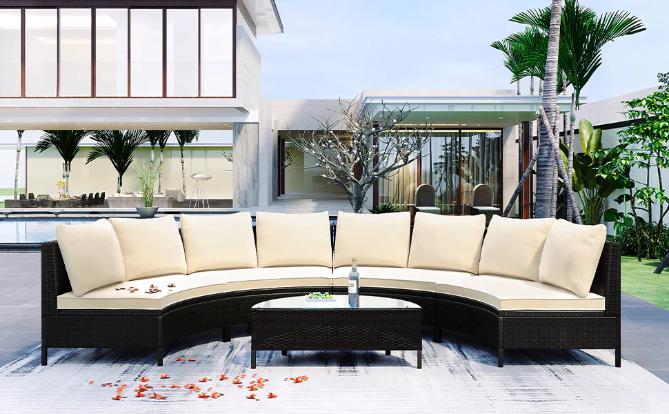 Half-Moon 5 Piece All-Weather Outdoor Patio Wicker Sofa Sectional Set with Table - Image 21