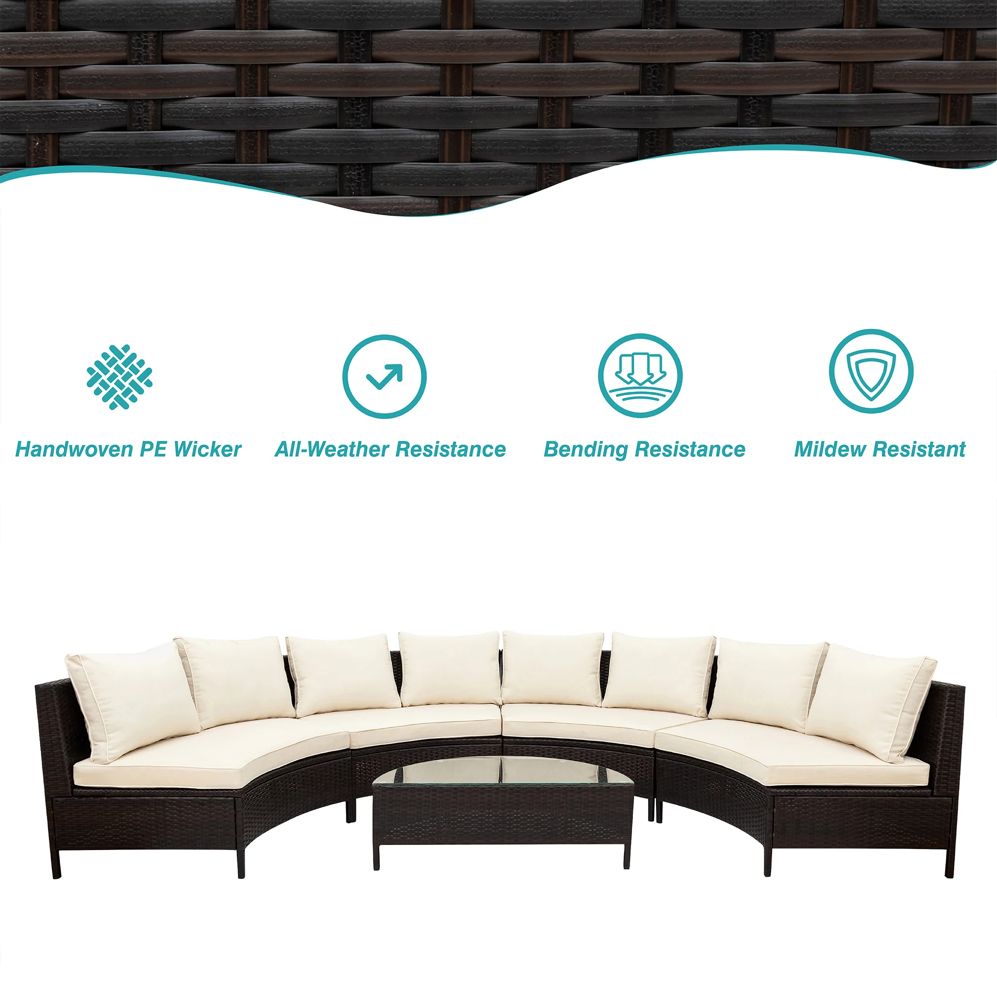 Half-Moon 5 Piece All-Weather Outdoor Patio Wicker Sofa Sectional Set with Table - Image 3