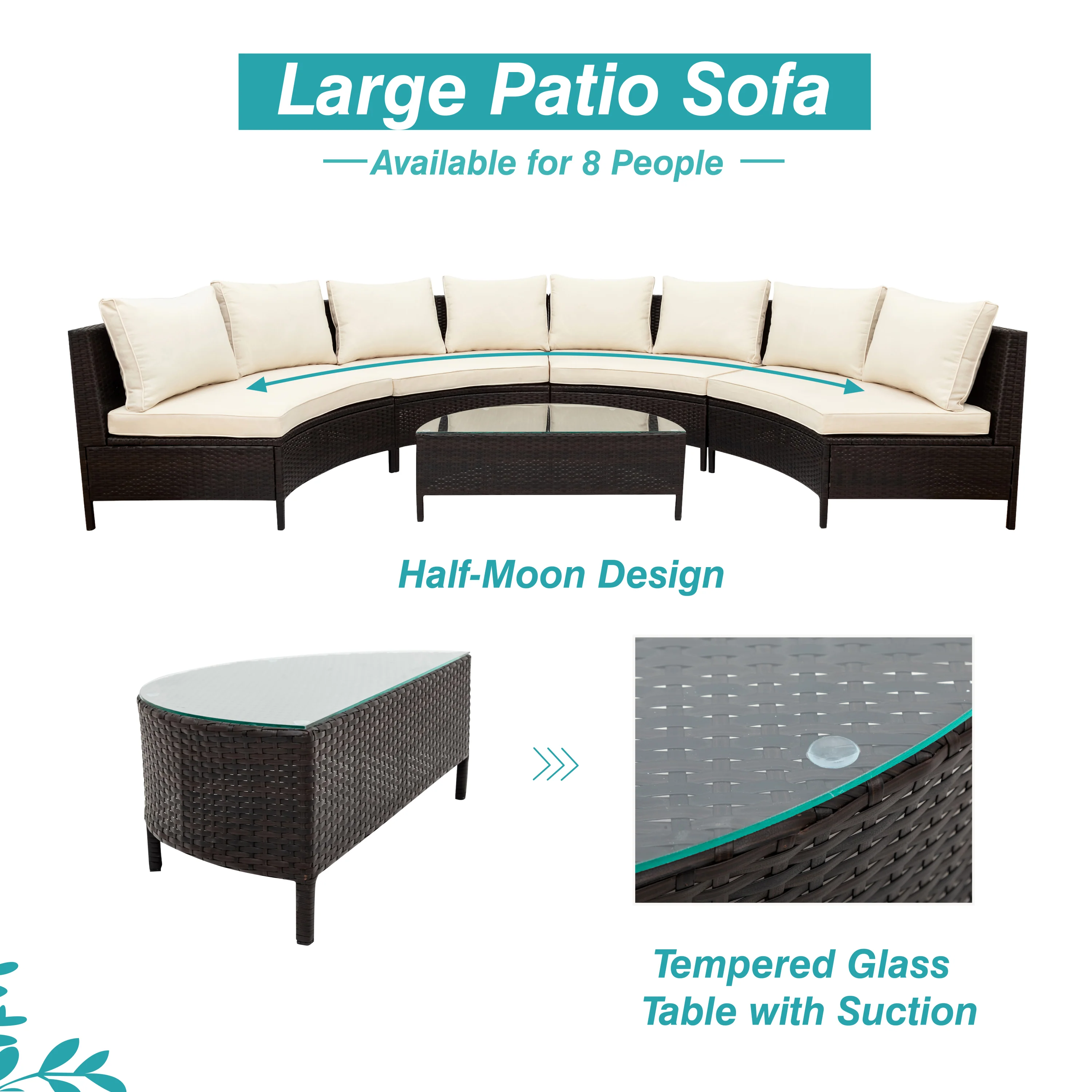 Half-Moon 5 Piece All-Weather Outdoor Patio Wicker Sofa Sectional Set with Table - Image 4
