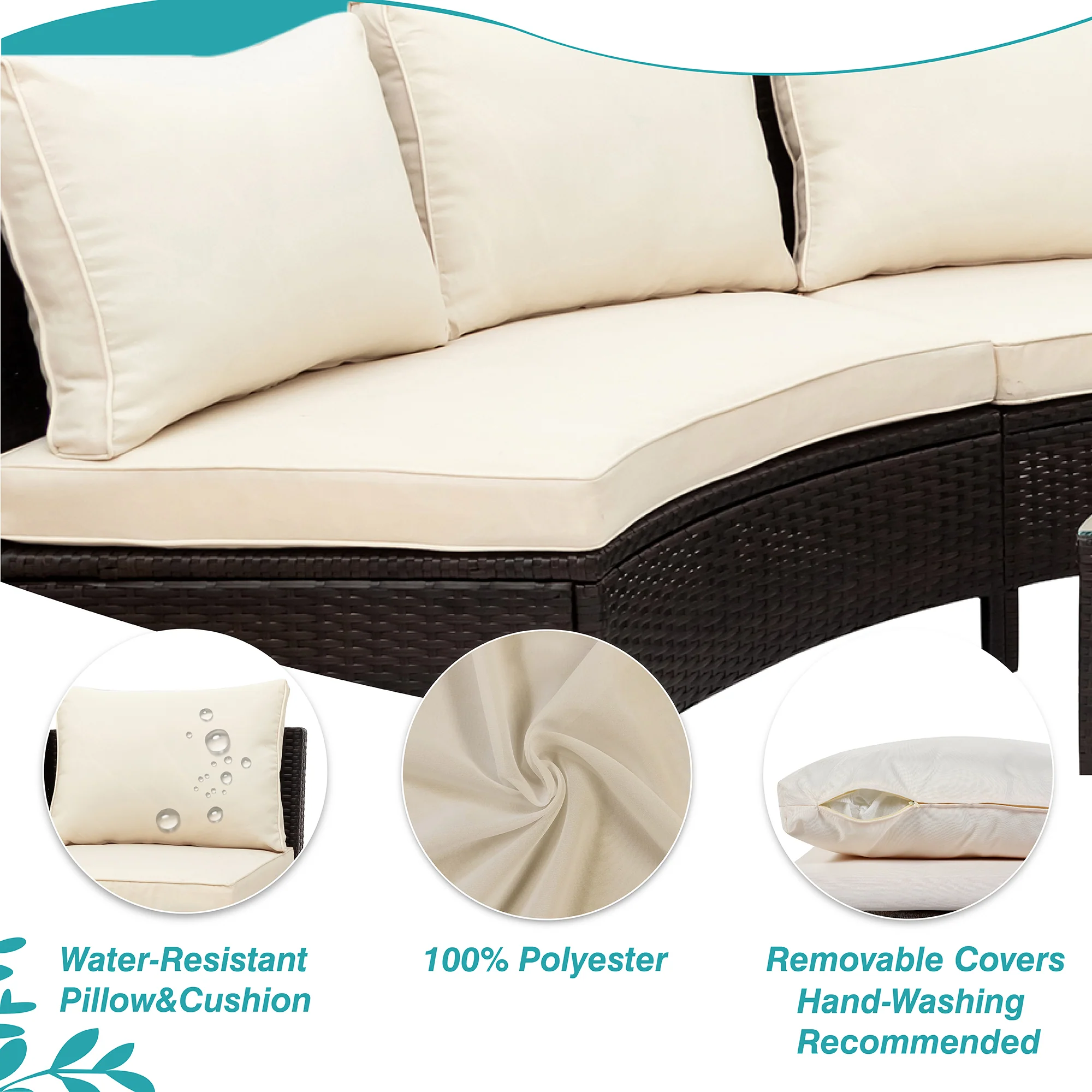Half-Moon 5 Piece All-Weather Outdoor Patio Wicker Sofa Sectional Set with Table - Image 5
