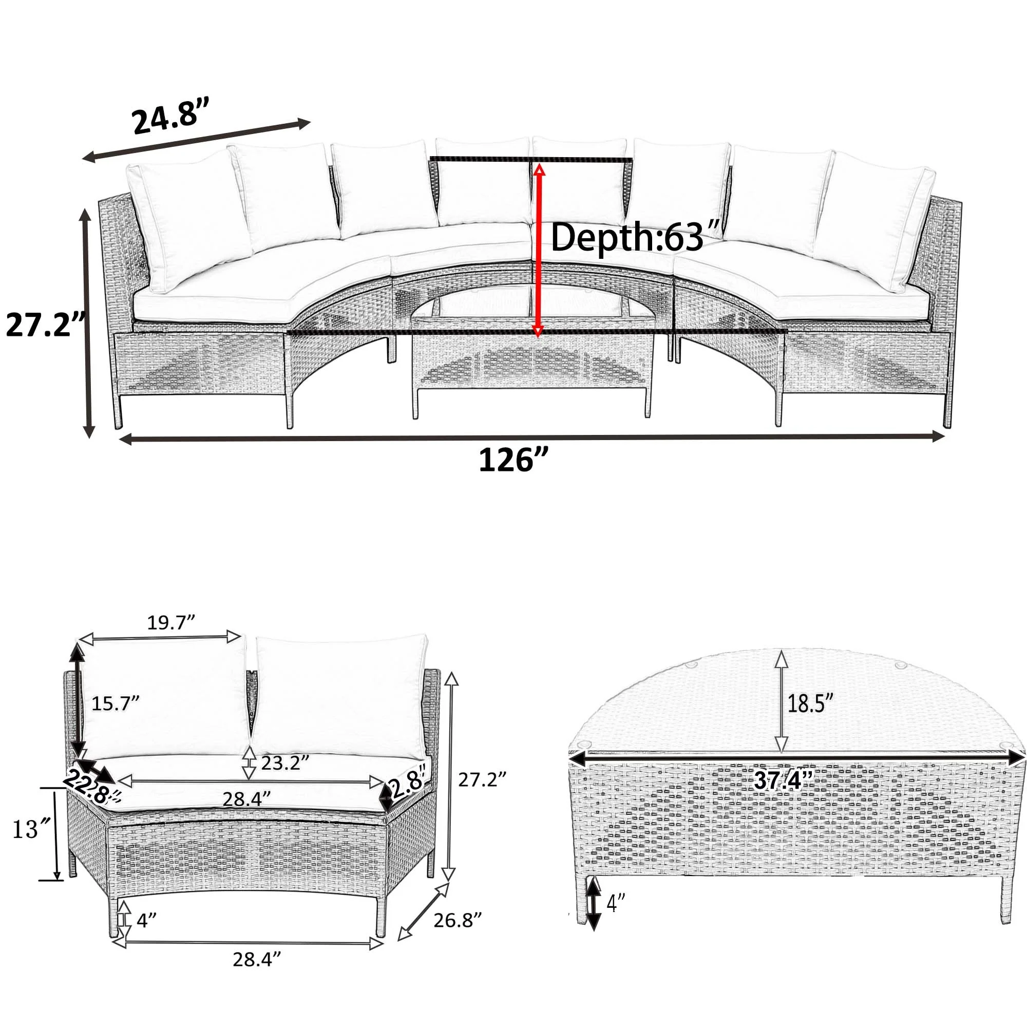 Half-Moon 5 Piece All-Weather Outdoor Patio Wicker Sofa Sectional Set with Table - Image 7
