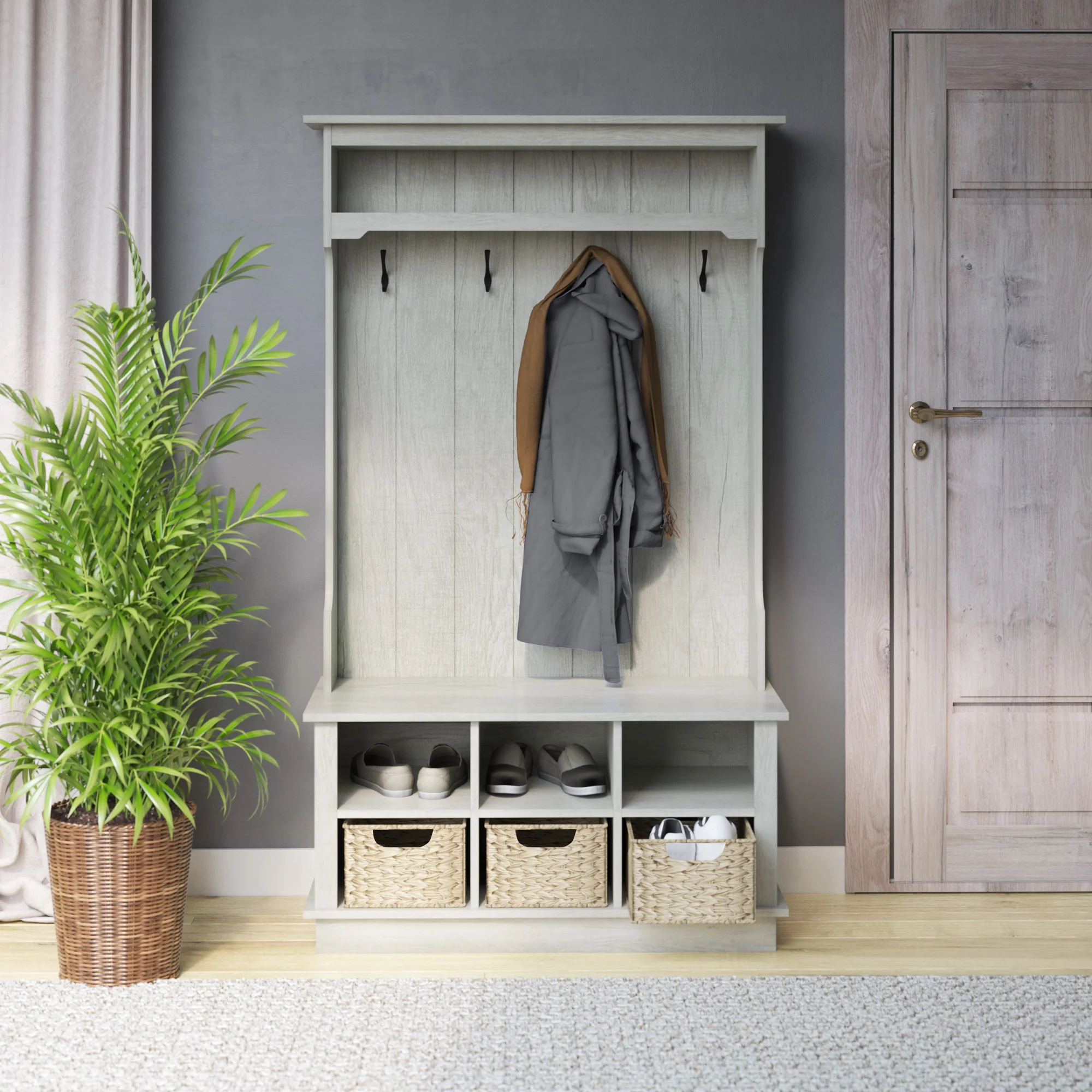 Entryway Hall Tree with Baskets and Open Storage - Image 2