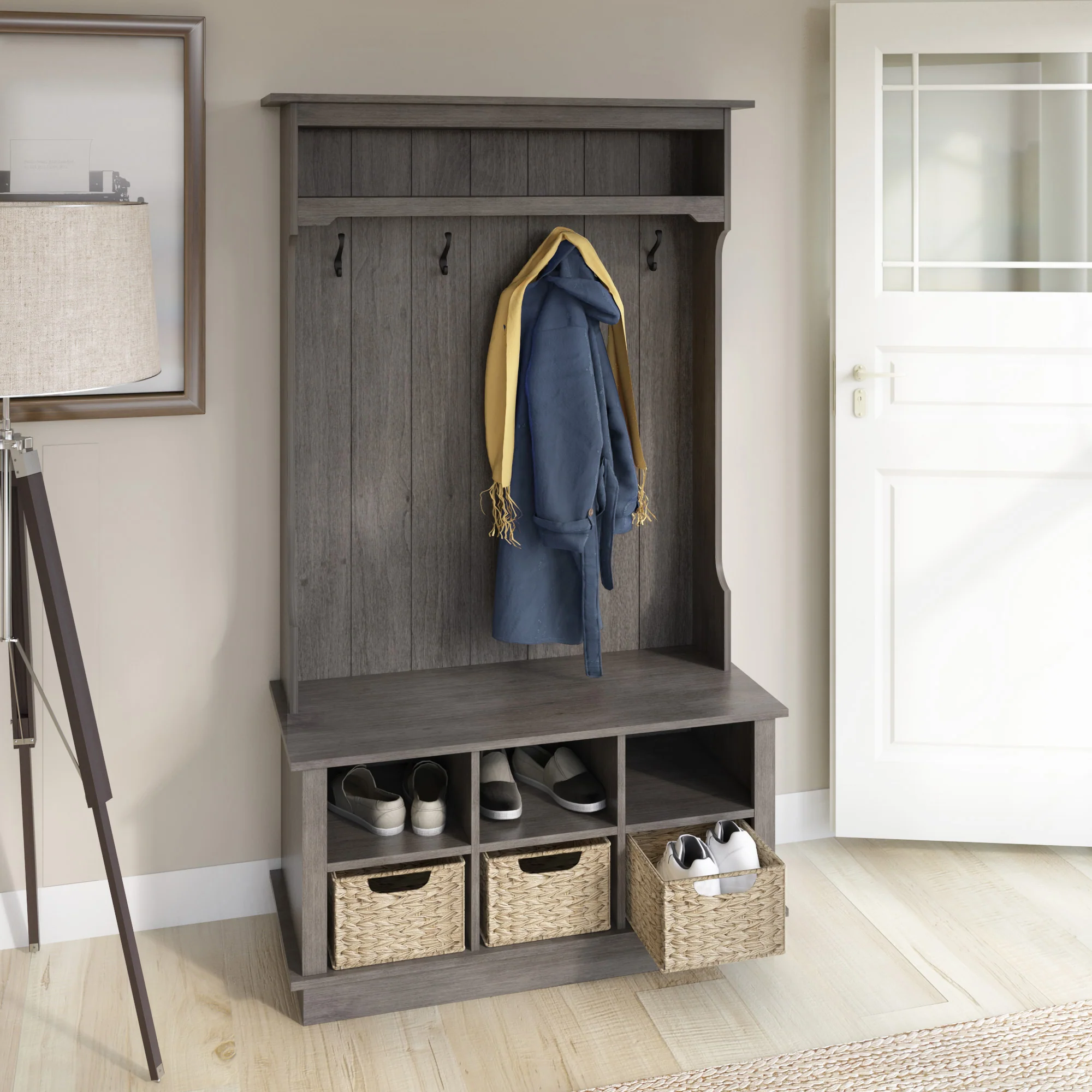 Entryway Hall Tree with Baskets and Open Storage - Image 3
