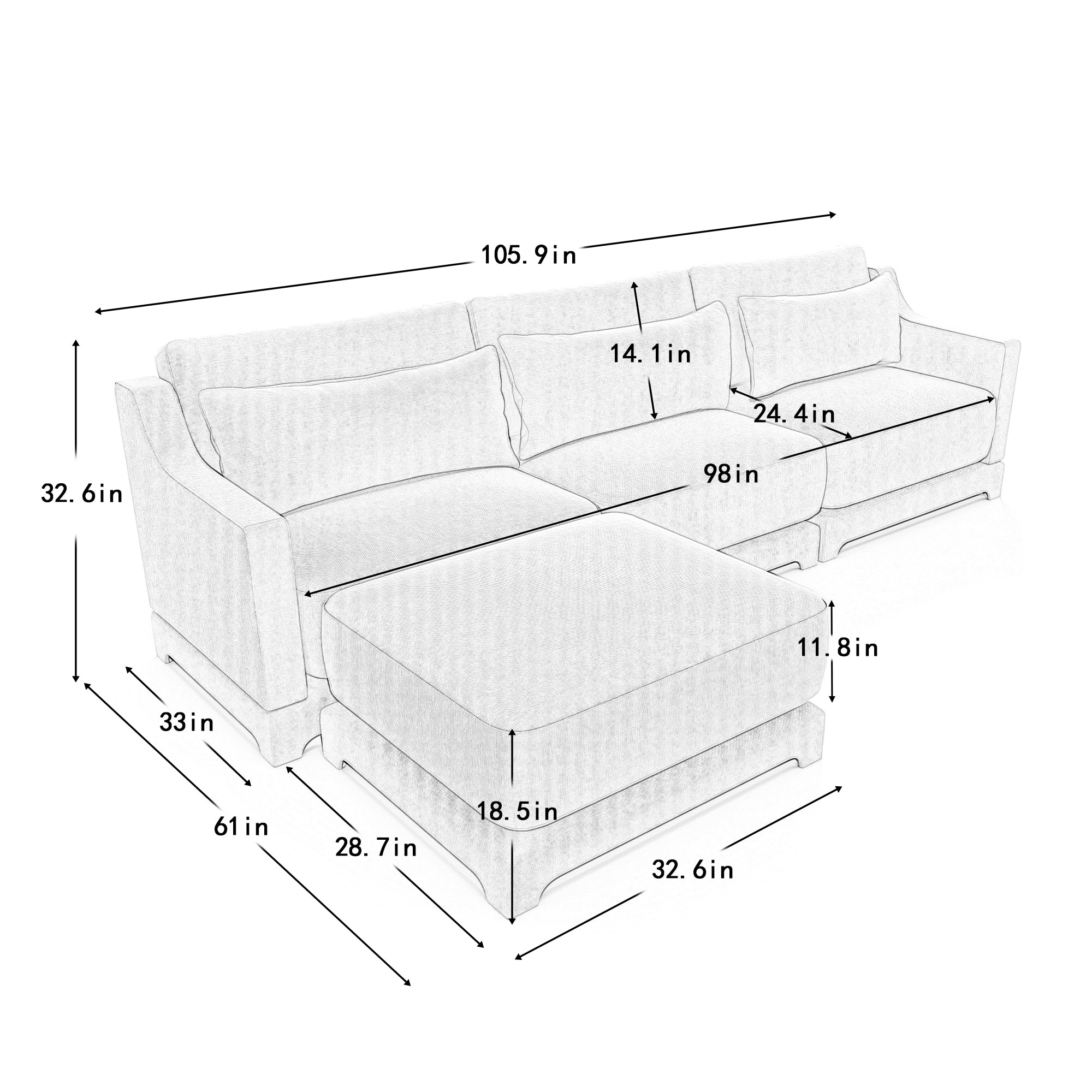 Walker Edison | High-Resilience Foam Chenille Sectional Sofa with Ottomans - Image 5