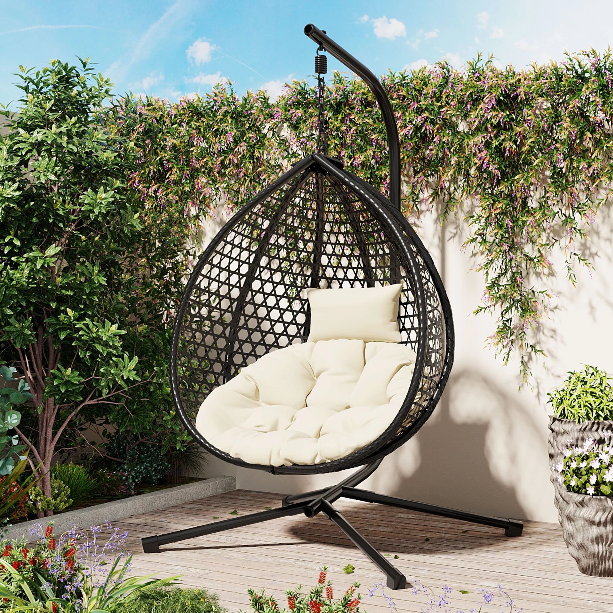 Indoor/Outdoor Rattan Hanging Egg Hammock Chair with Stand & Cushion