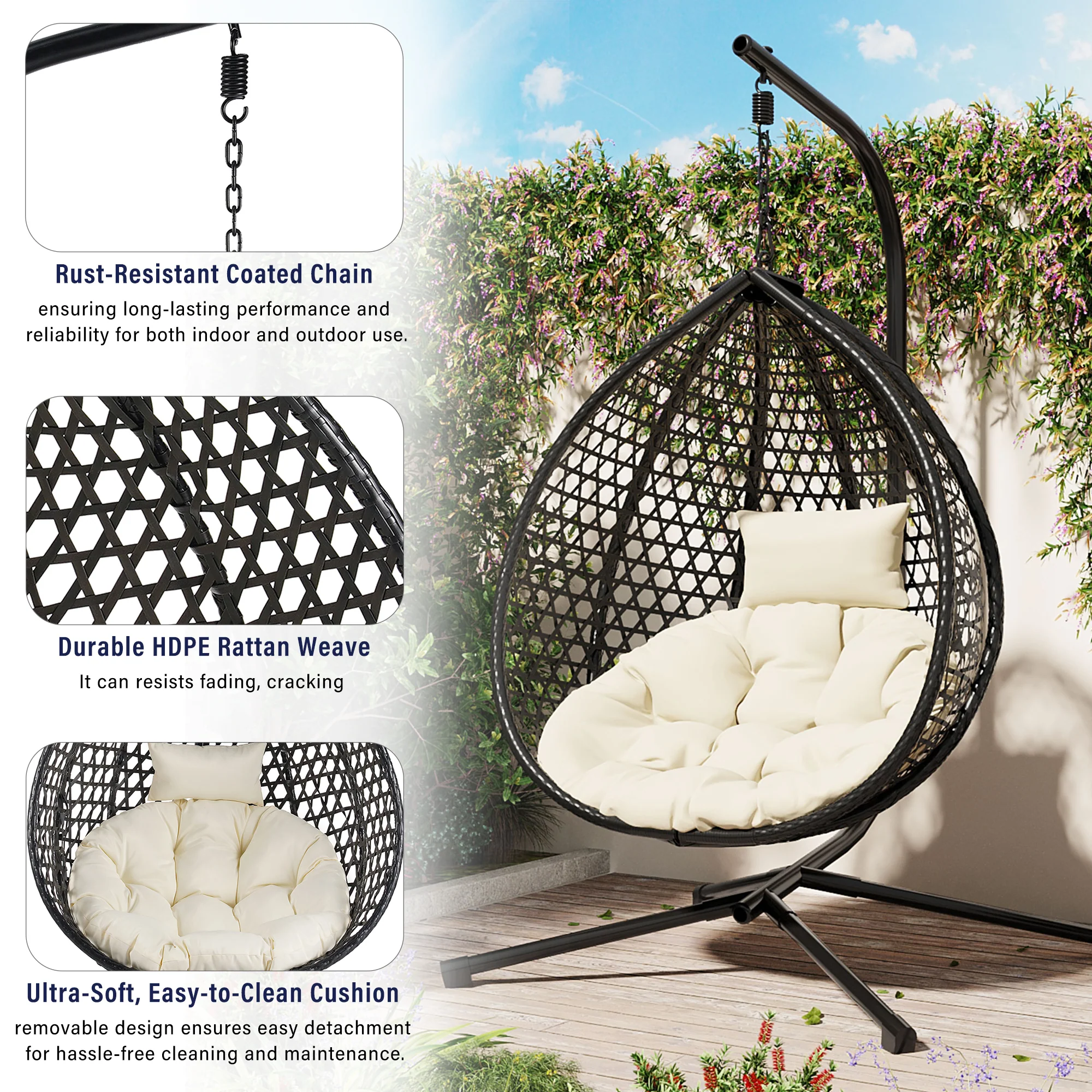 Indoor/Outdoor Rattan Hanging Egg Hammock Chair with Stand & Cushion - Image 10