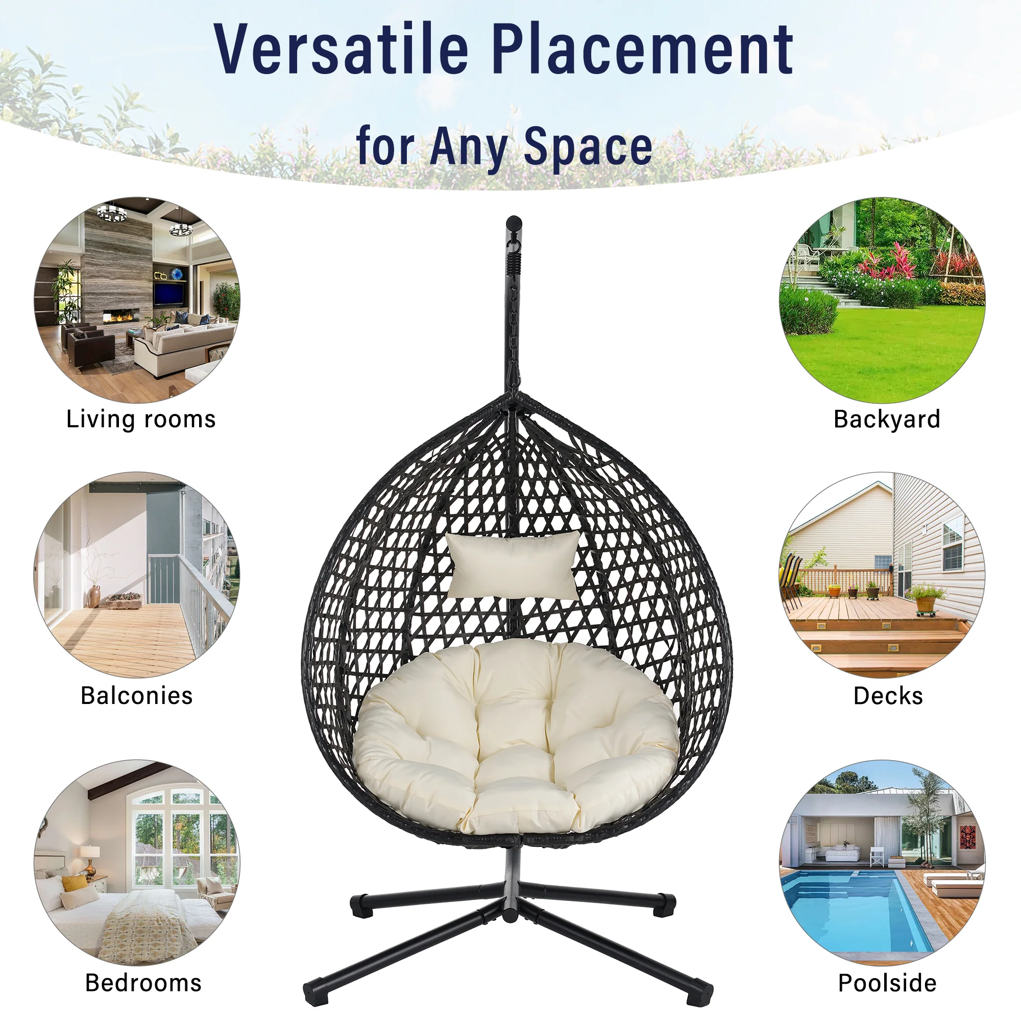 Indoor/Outdoor Rattan Hanging Egg Hammock Chair with Stand & Cushion - Image 11