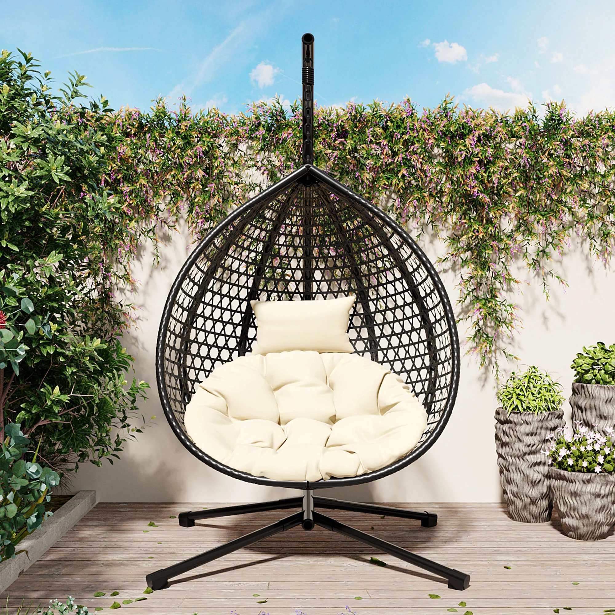 Indoor/Outdoor Rattan Hanging Egg Hammock Chair with Stand & Cushion - Image 2
