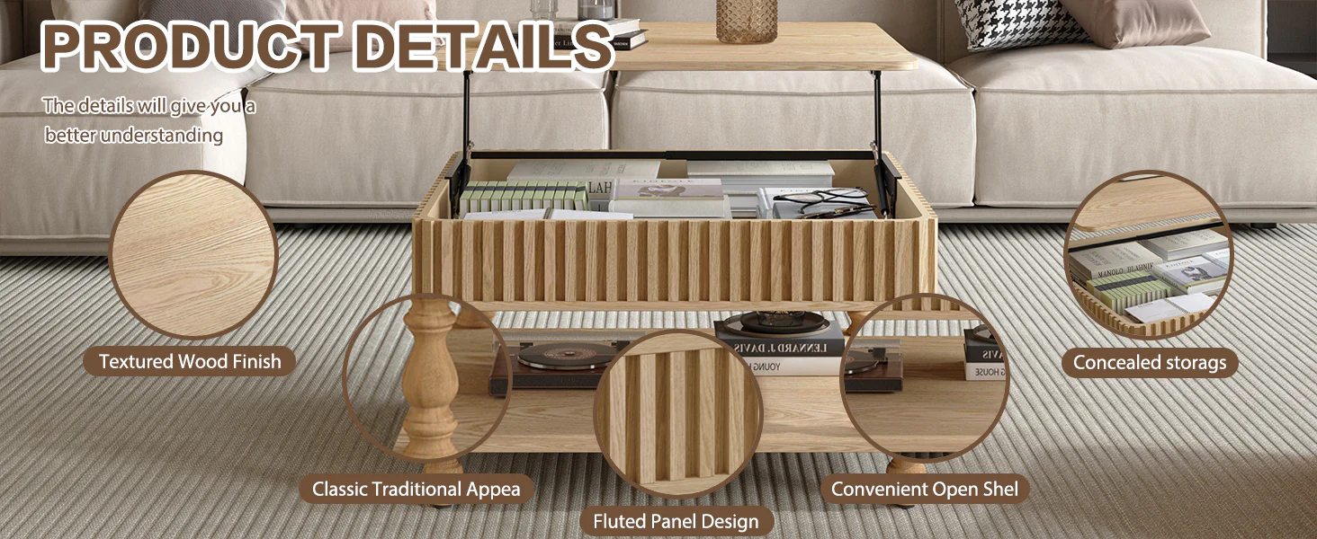 Walker Edison | Lift-Top Elevated Traditional Fluted Coffee Table - Image 17