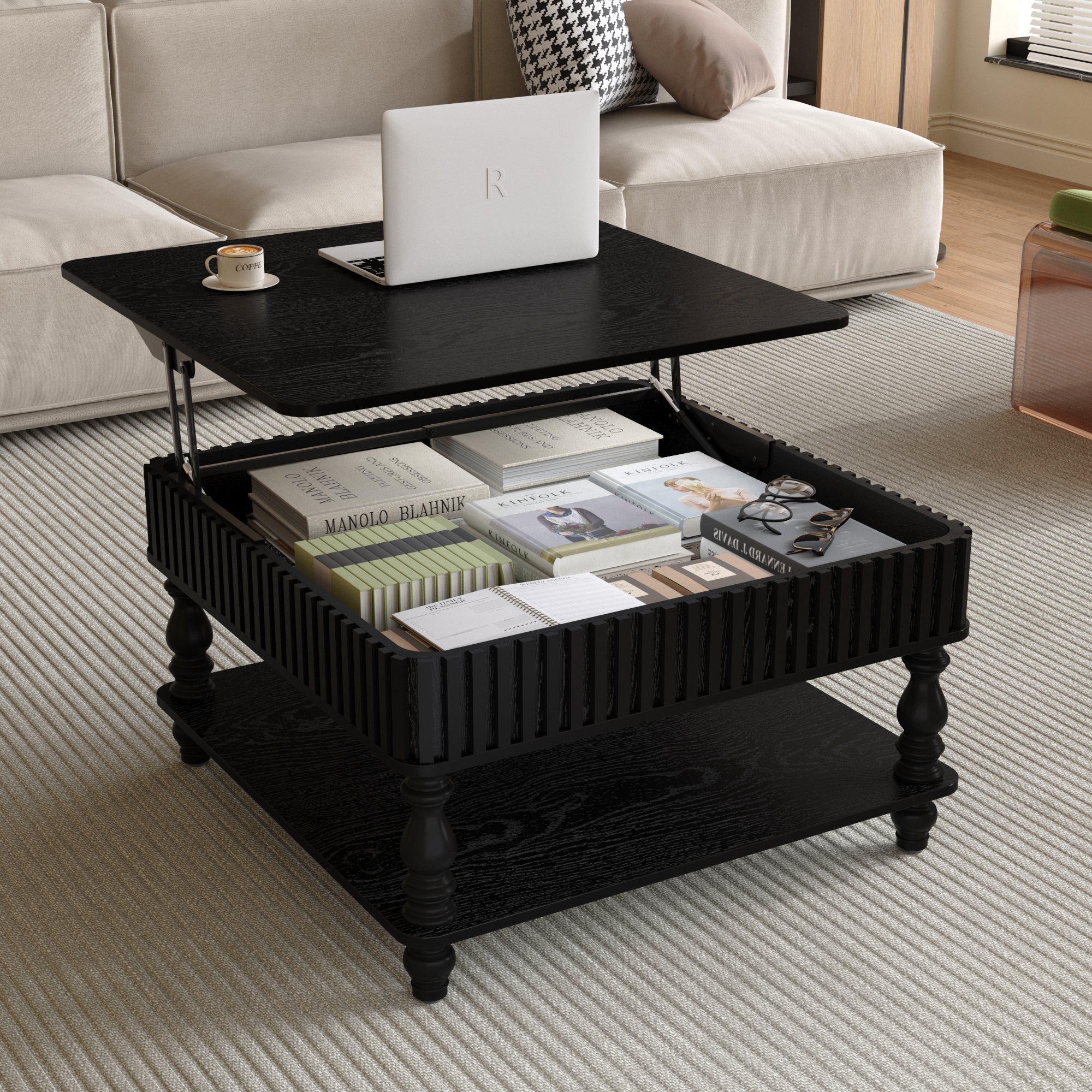 Walker Edison | Lift-Top Elevated Traditional Fluted Coffee Table - Image 3