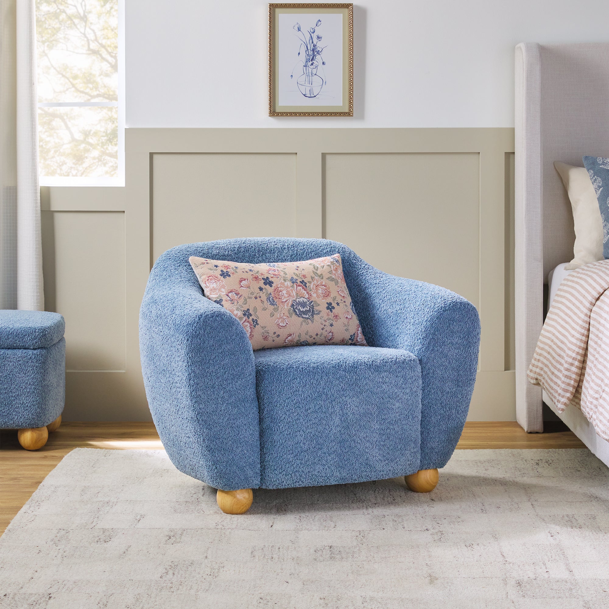 Linley Contemporary Bouclé Upholstered Accent Chair with Ottoman Set - Image 13