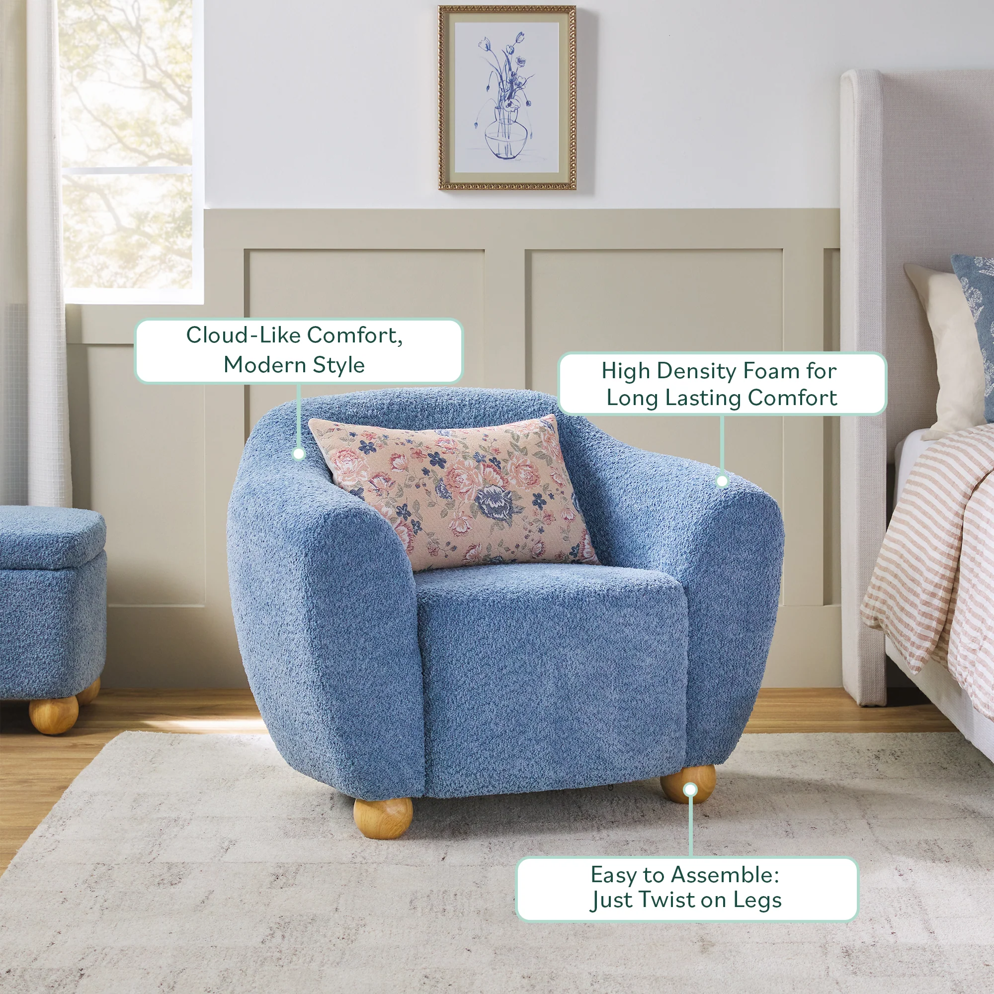 Linley Contemporary Bouclé Upholstered Accent Chair with Ottoman Set - Image 17
