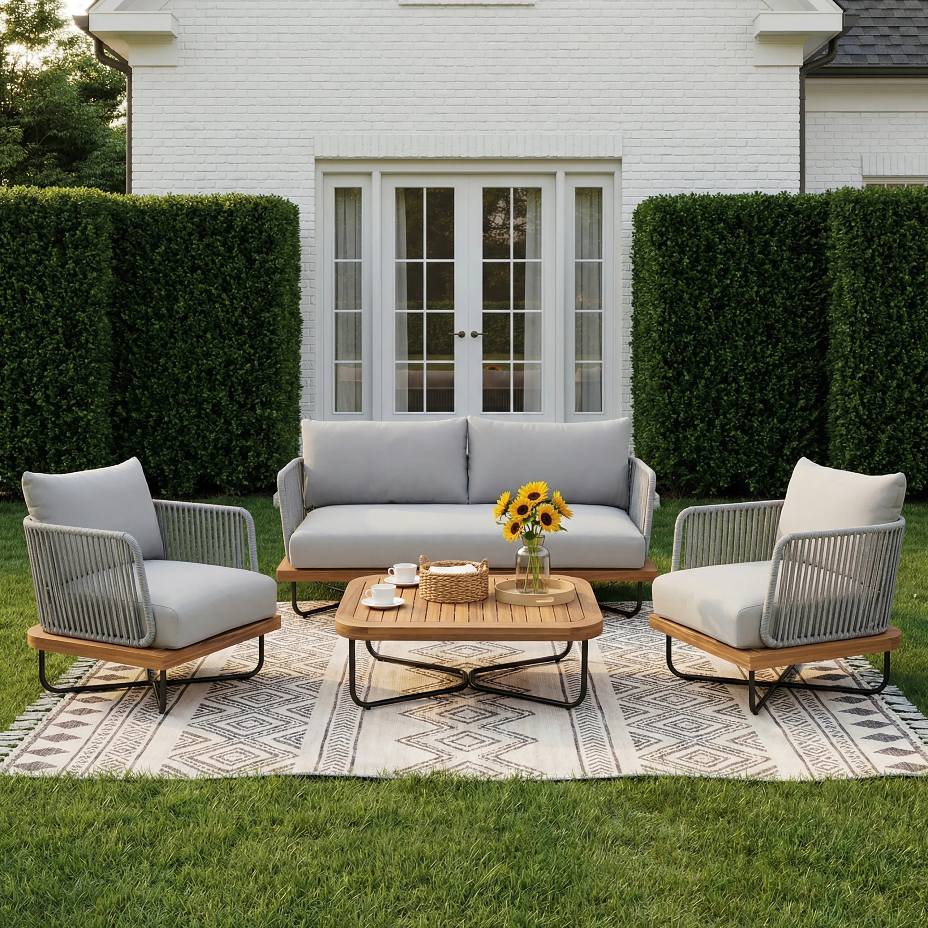 Lucca Outdoor 4 Piece Acacia Wood & Rope Woven Sofa Conversation Set