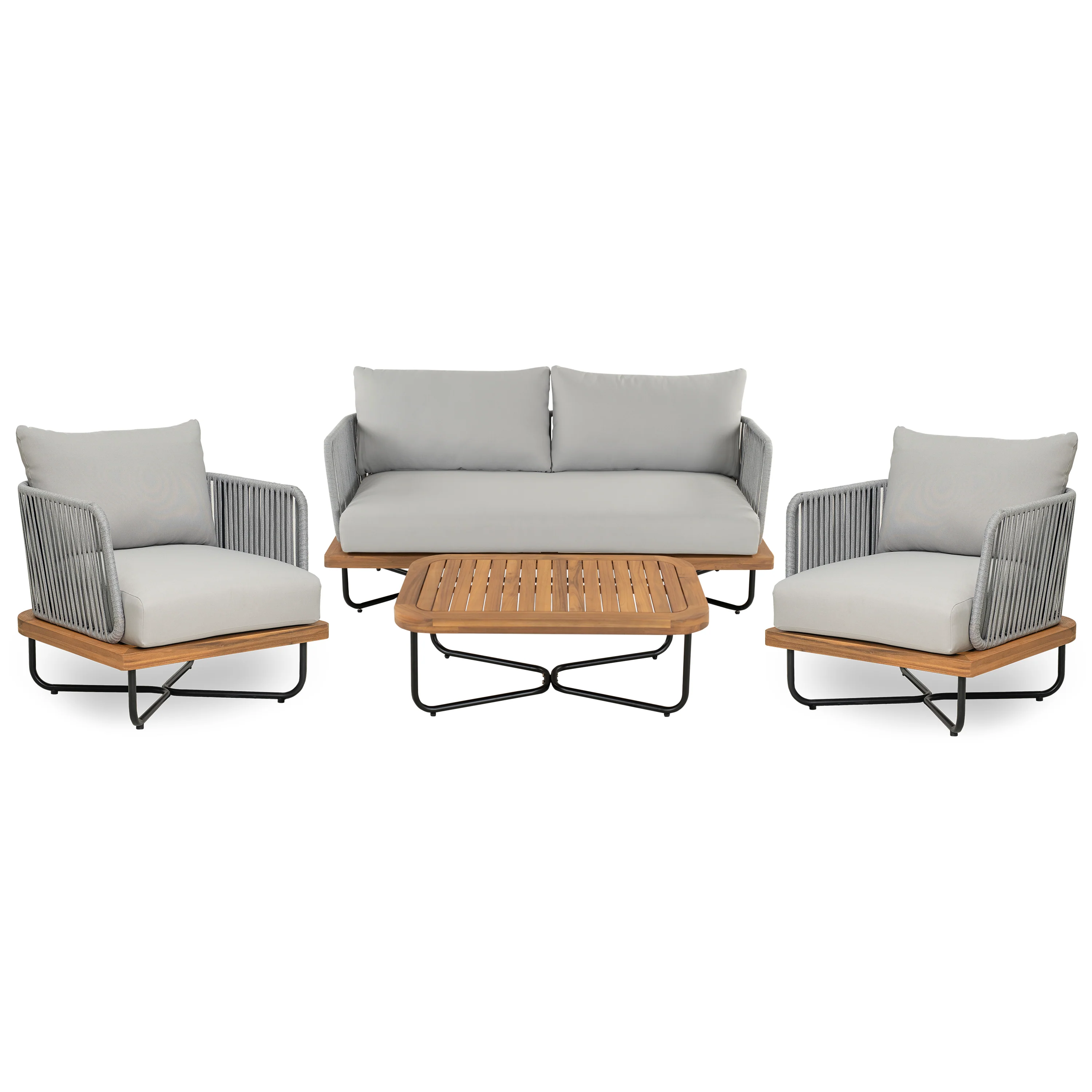 Lucca Outdoor 4 Piece Acacia Wood & Rope Woven Sofa Conversation Set - Image 2