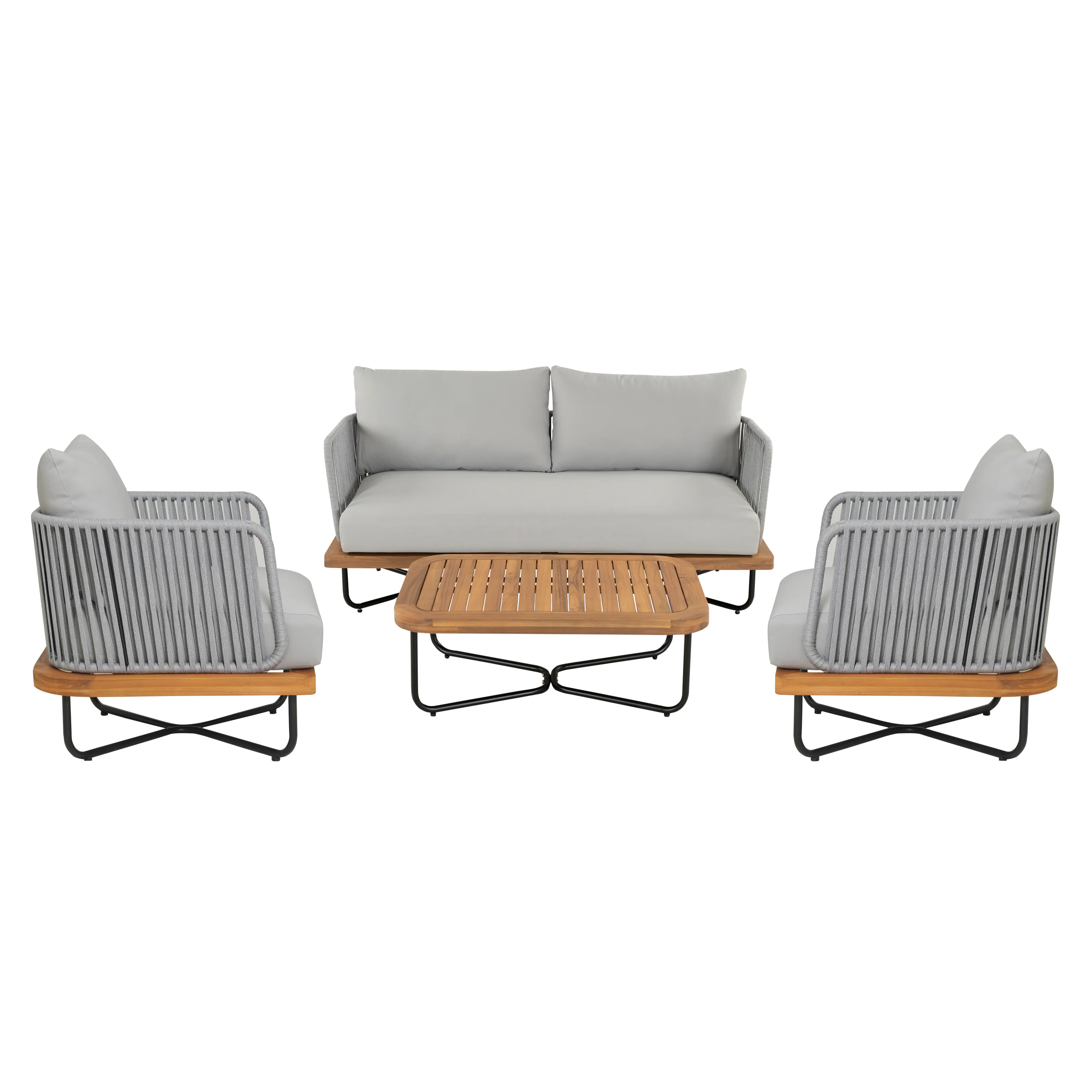 Lucca Outdoor 4 Piece Acacia Wood & Rope Woven Sofa Conversation Set - Image 3