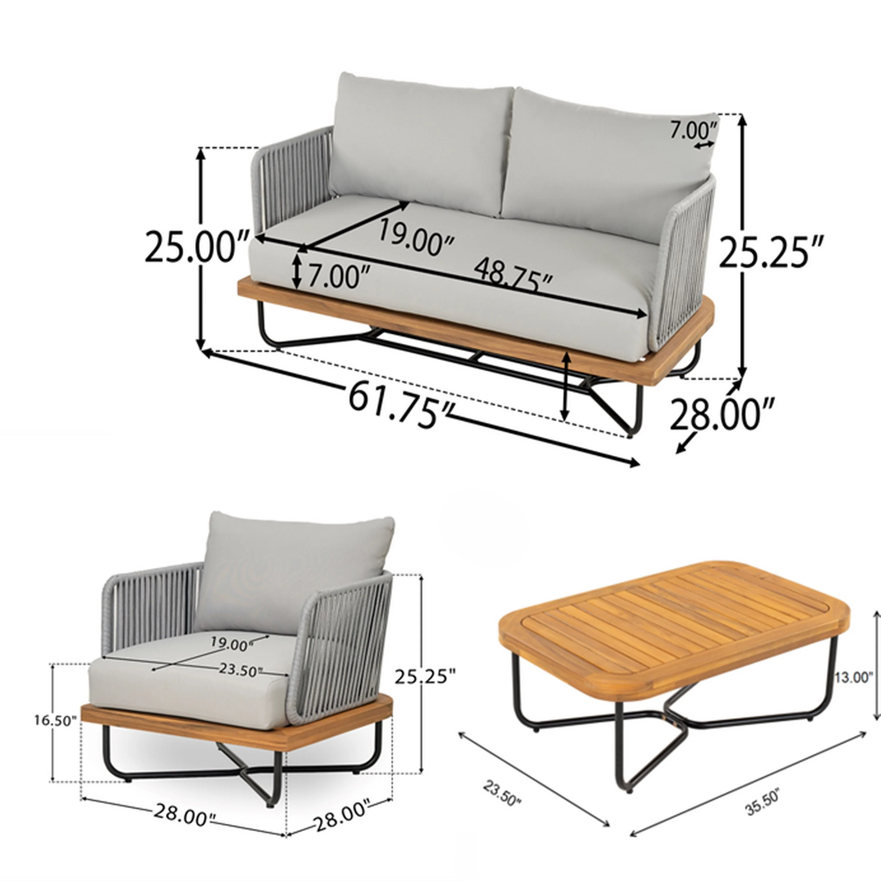 Lucca Outdoor 4 Piece Acacia Wood & Rope Woven Sofa Conversation Set - Image 4