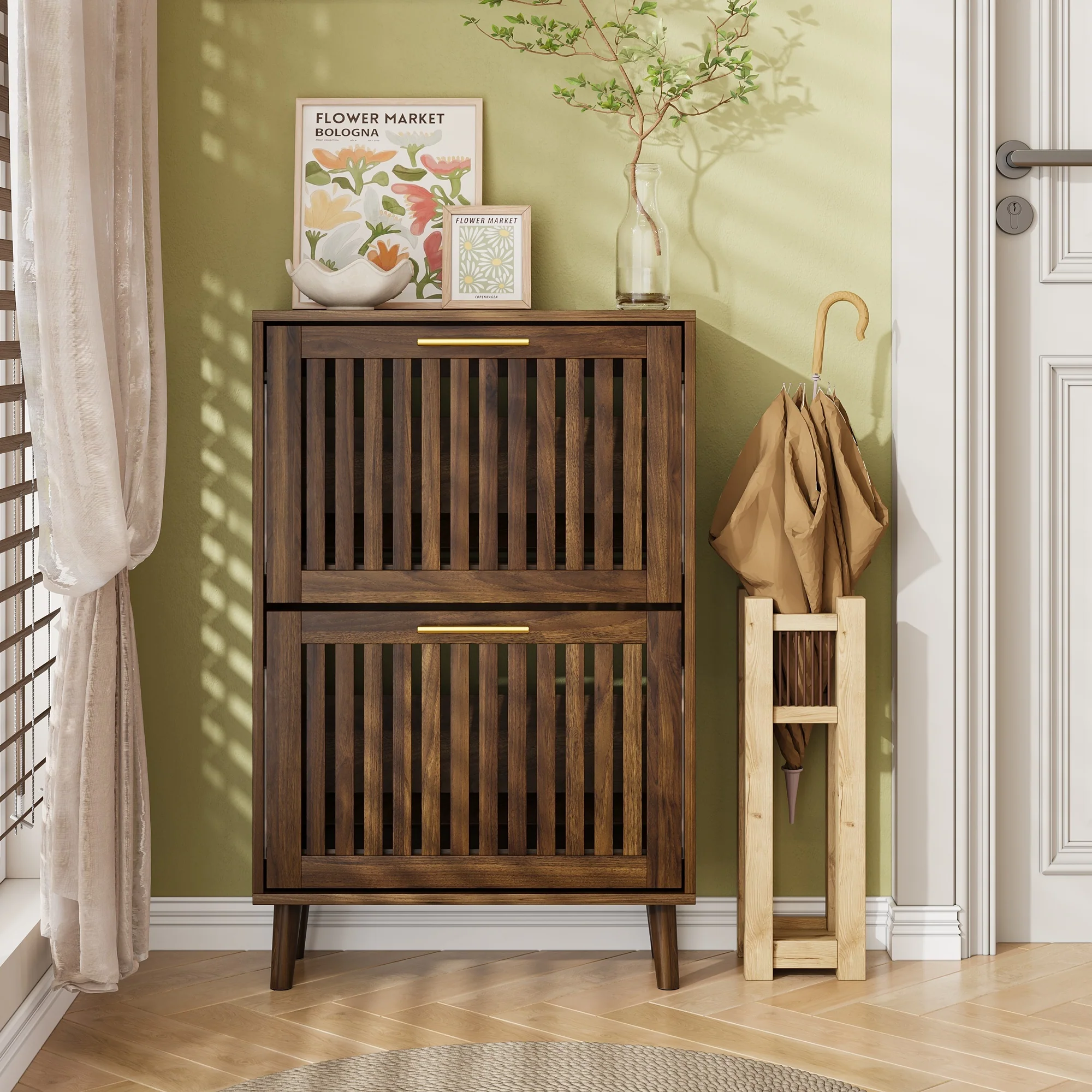 Medieval Modern Walnut Shoe Rack Entryway Cabinet - Image 3