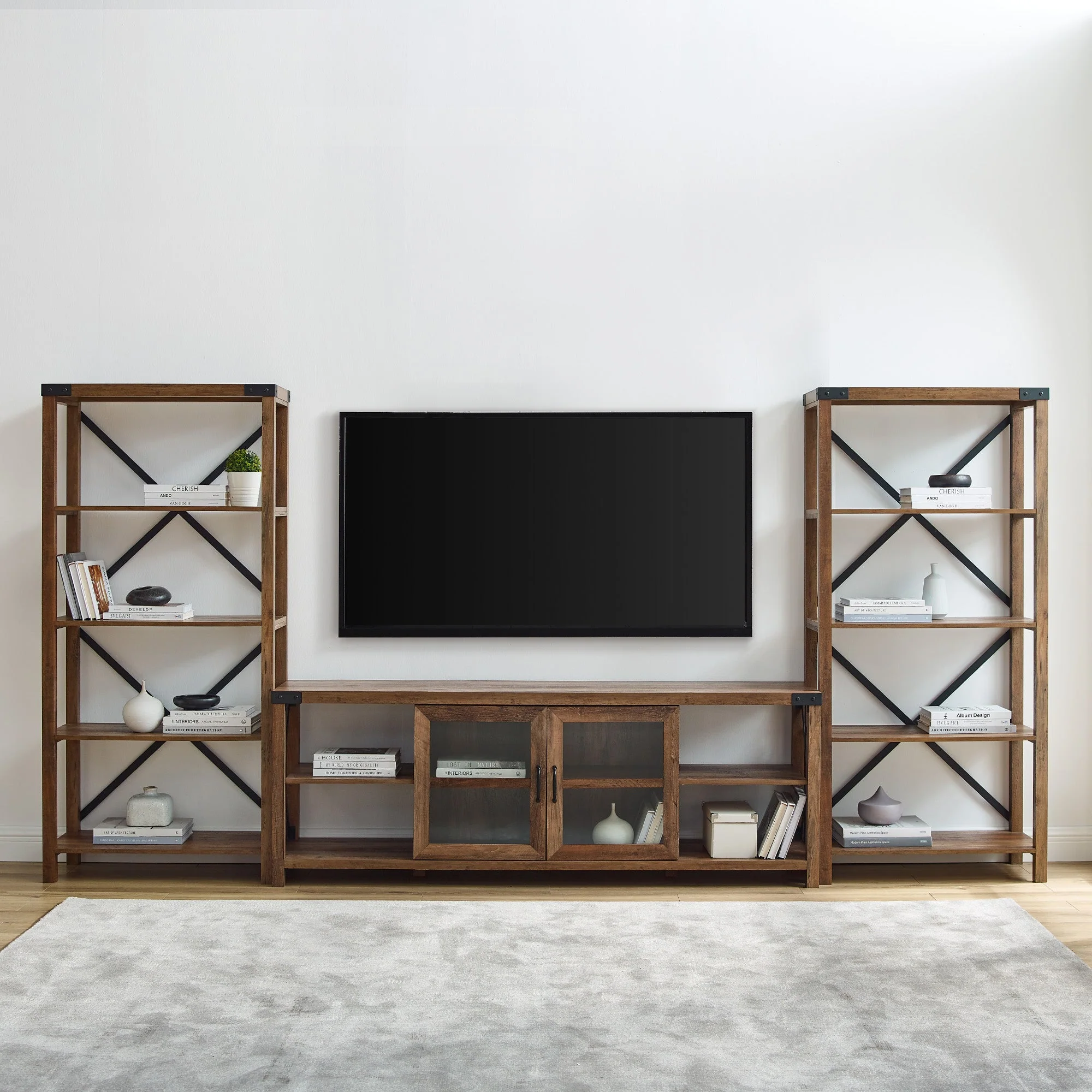 Metal X Accent Wall with 70" Glass Door TV Console - Image 2