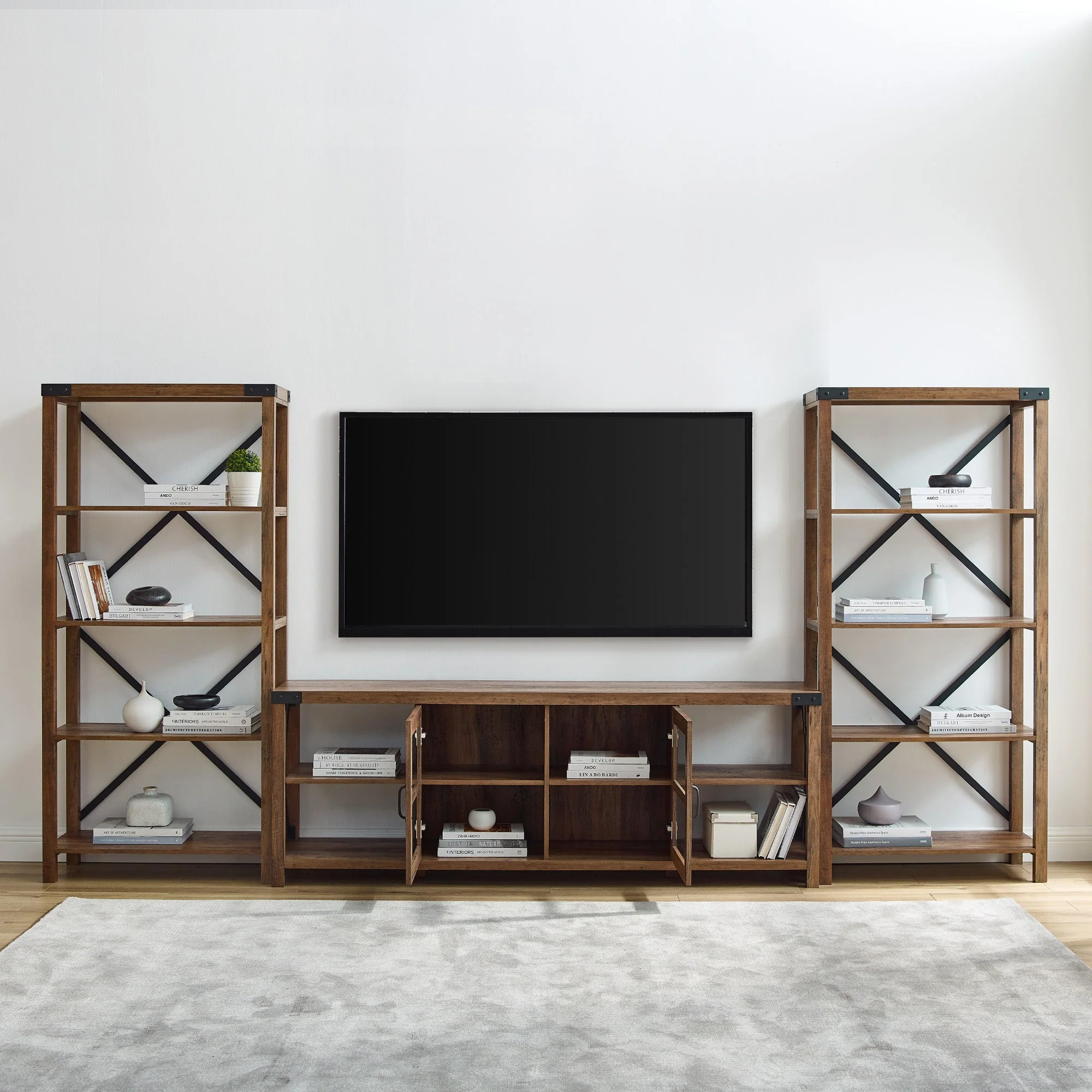Metal X Accent Wall with 70" Glass Door TV Console - Image 3