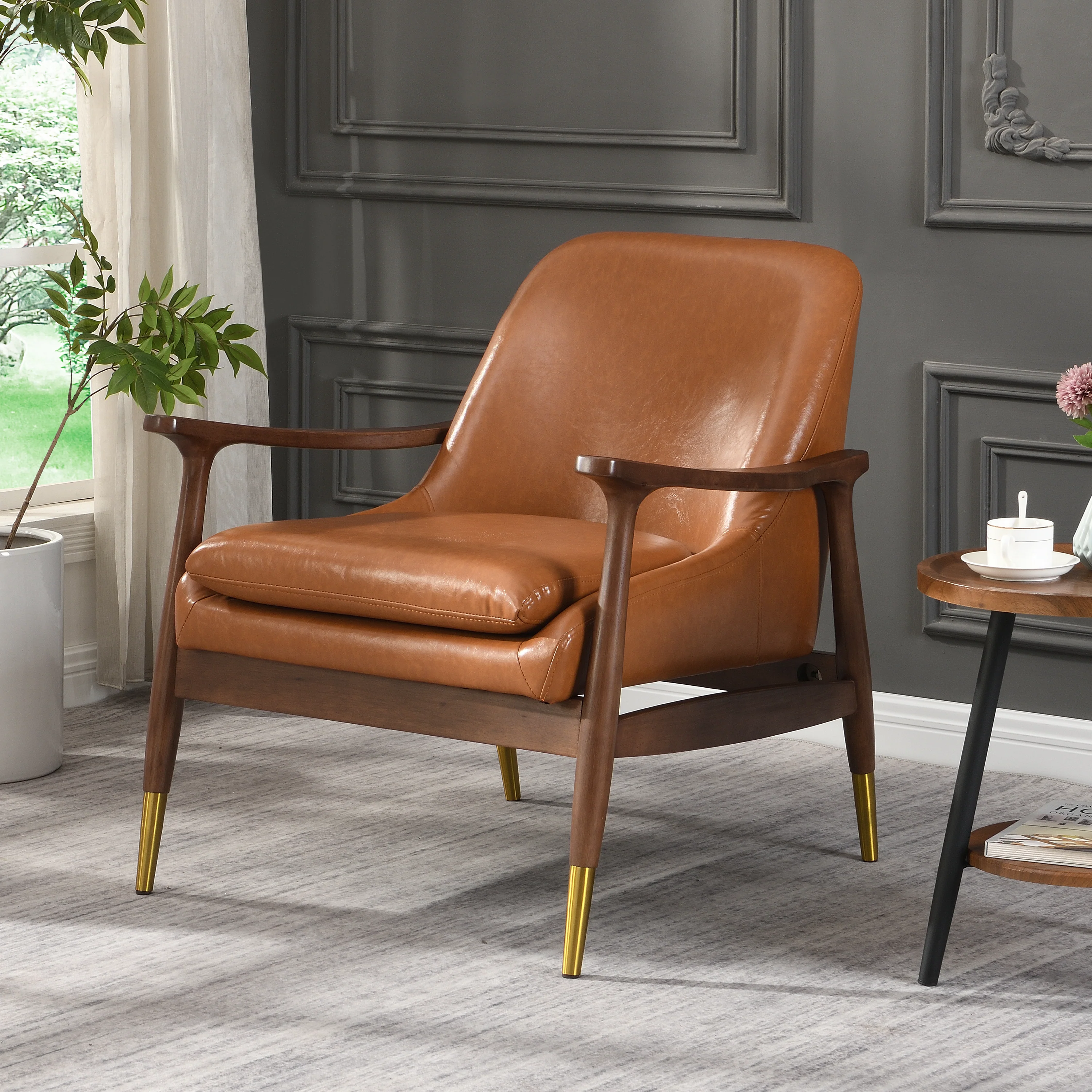 Mid-Century Faux Leather Accent Chair with Solid Wood Frame