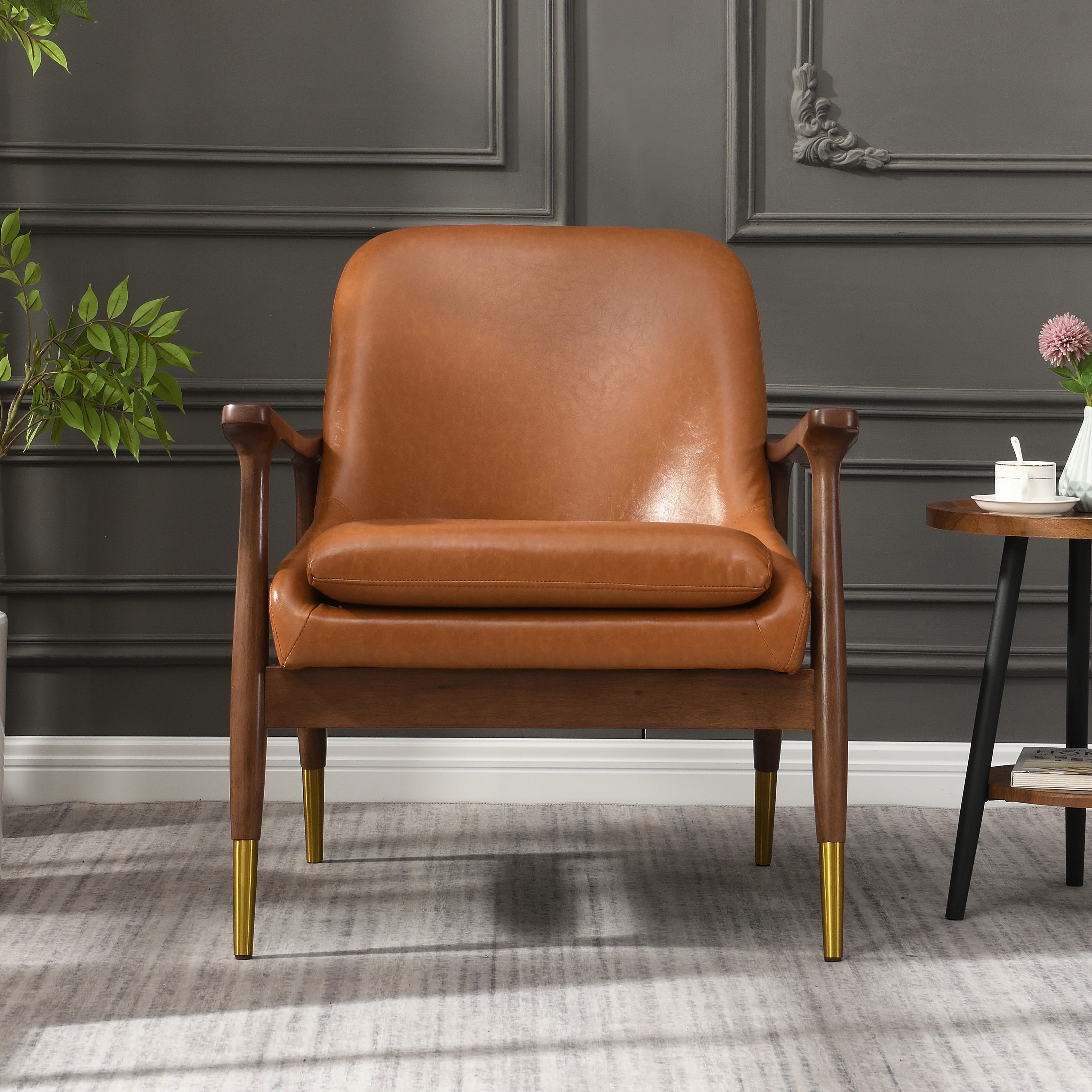 Mid-Century Faux Leather Accent Chair with Solid Wood Frame - Image 2