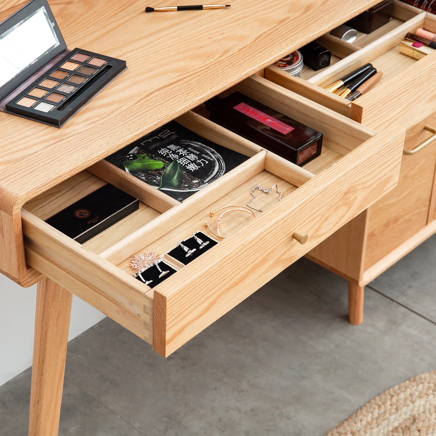 Walker Edison | Mid-Century Makeup Vanity Desk with Storage and Stool - Image 3