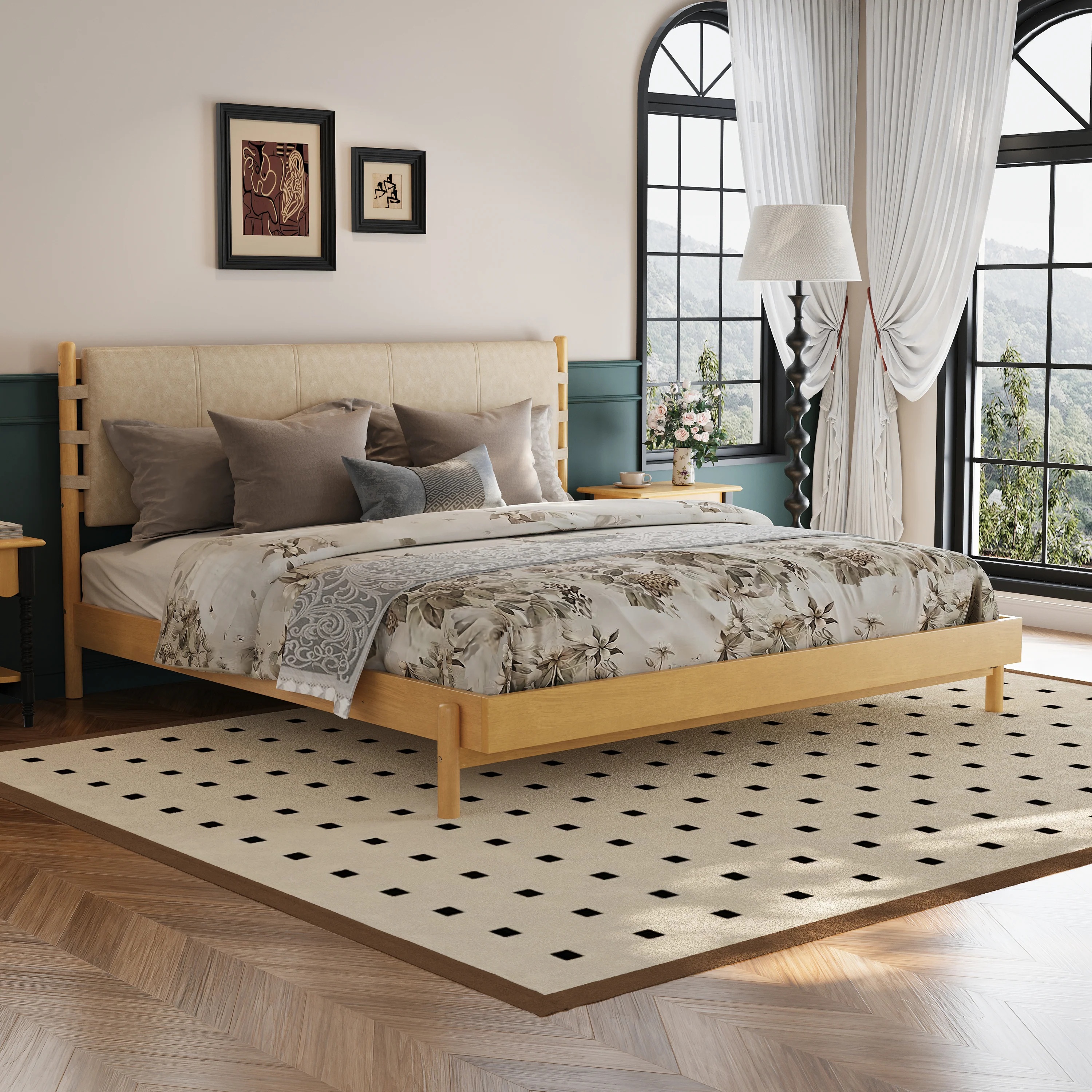Mid Century Modern Upholstered Headboard Bedframe - Image 2