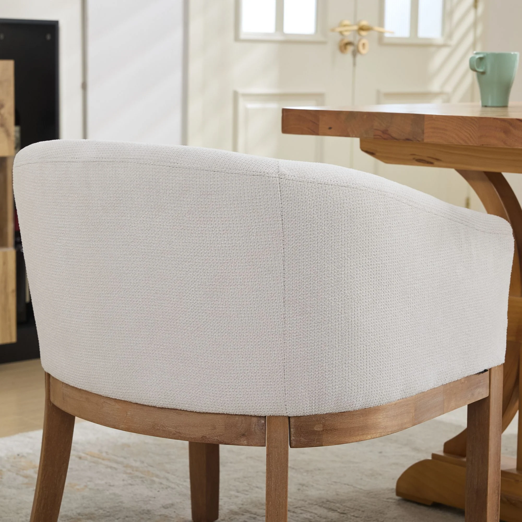 Mid Century Modern Upholstered Linen Barrel Dining Chairs - Image 3