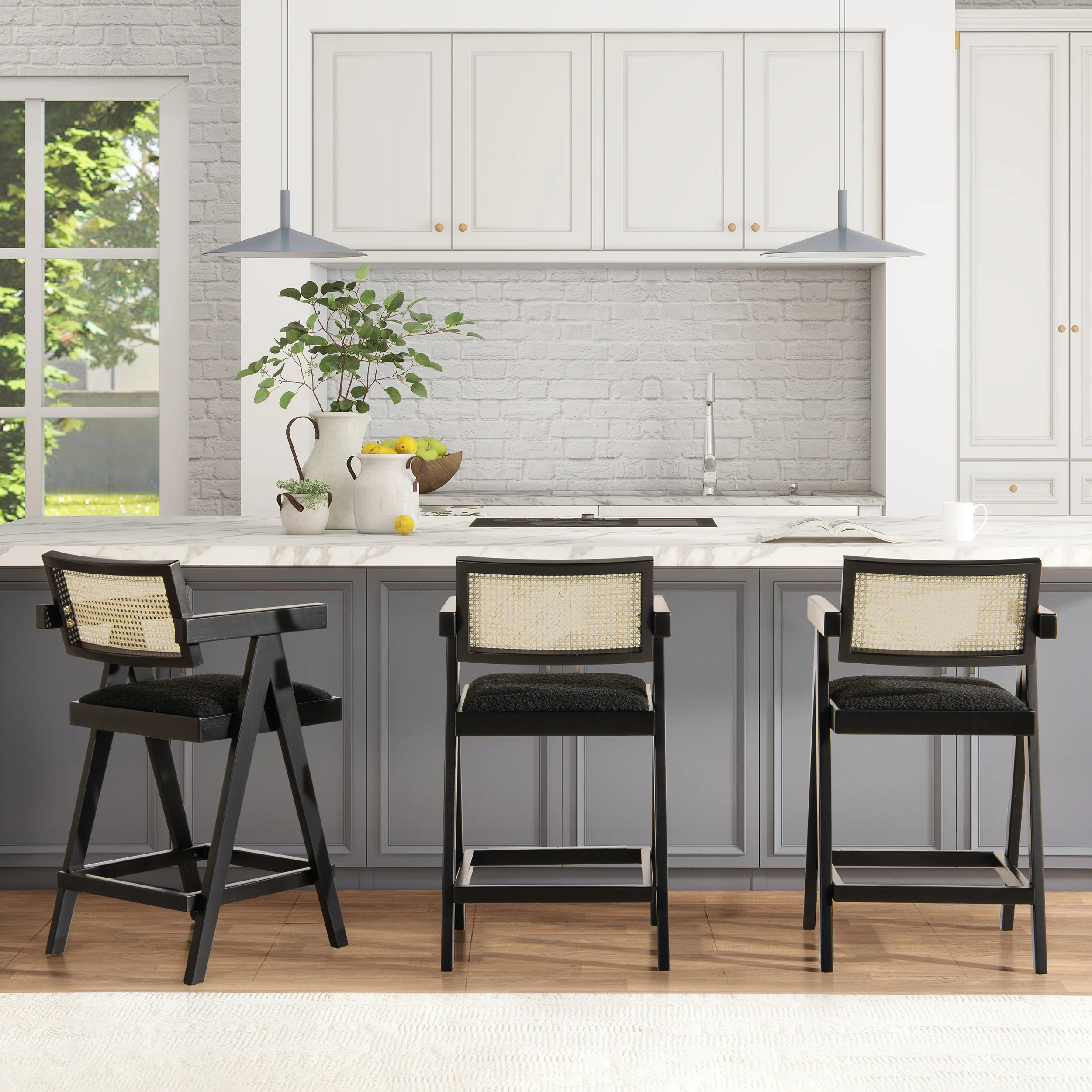 Milan 25.5' Modern Resin Webbing Back Boucle Bar Stool with Arms, Set of 3 - Image 2