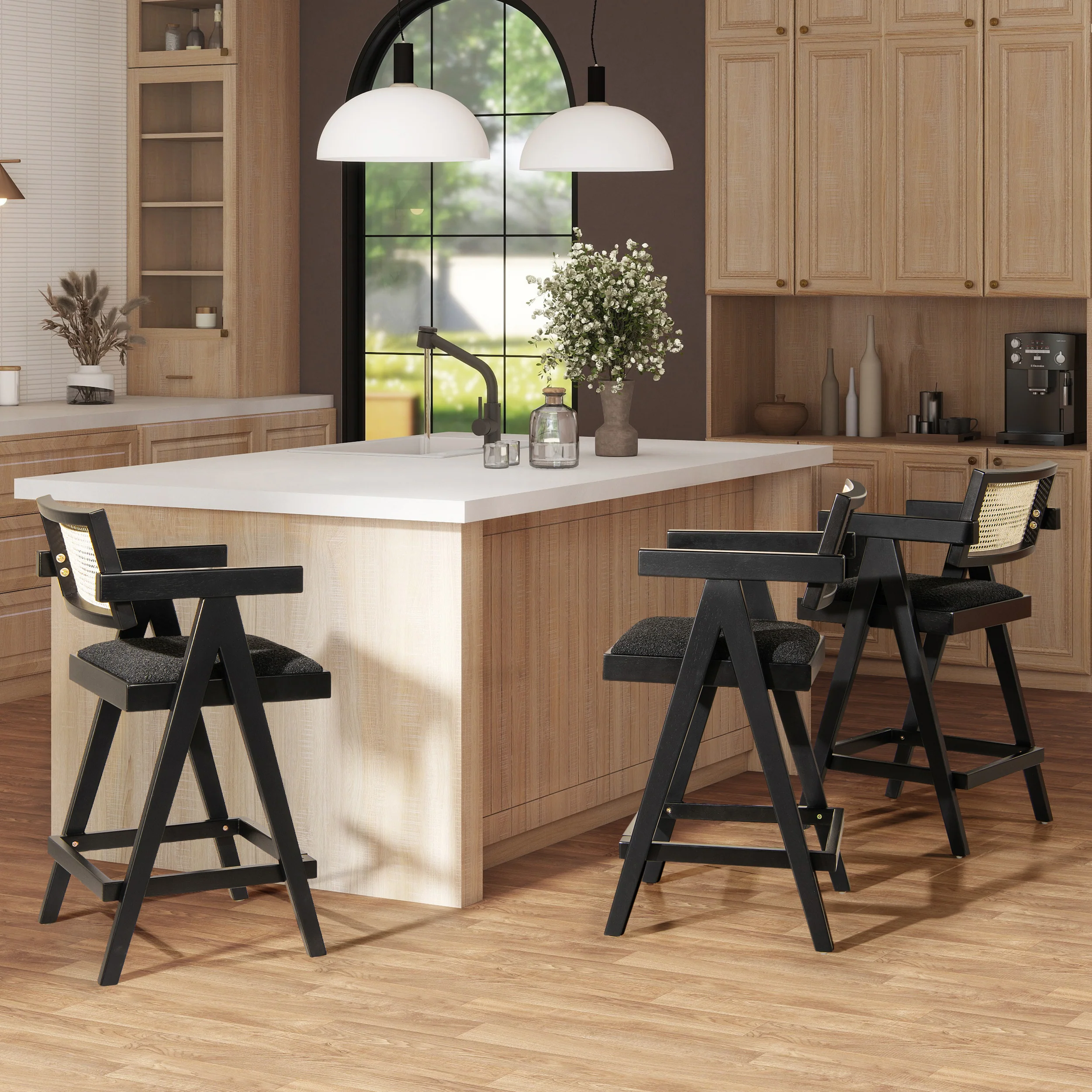 Milan 25.5' Modern Resin Webbing Back Boucle Bar Stool with Arms, Set of 3 - Image 3