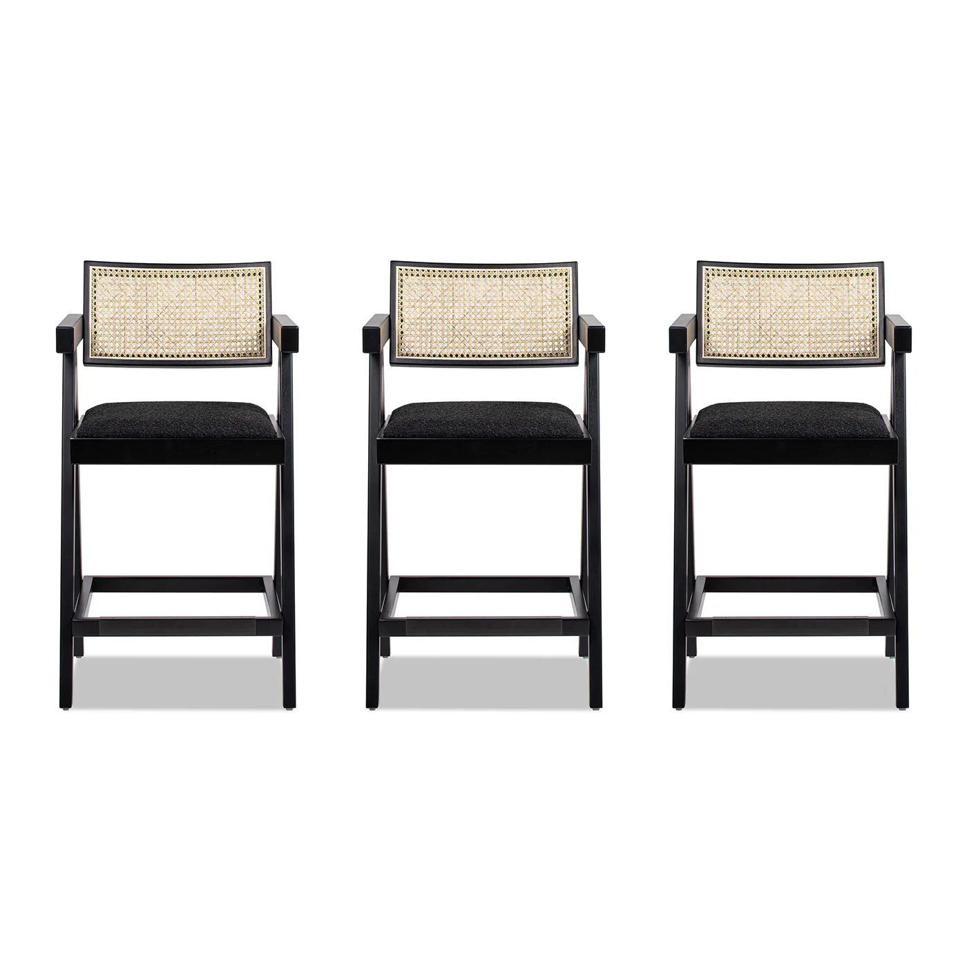 Milan 25.5' Modern Resin Webbing Back Boucle Bar Stool with Arms, Set of 3 - Image 5