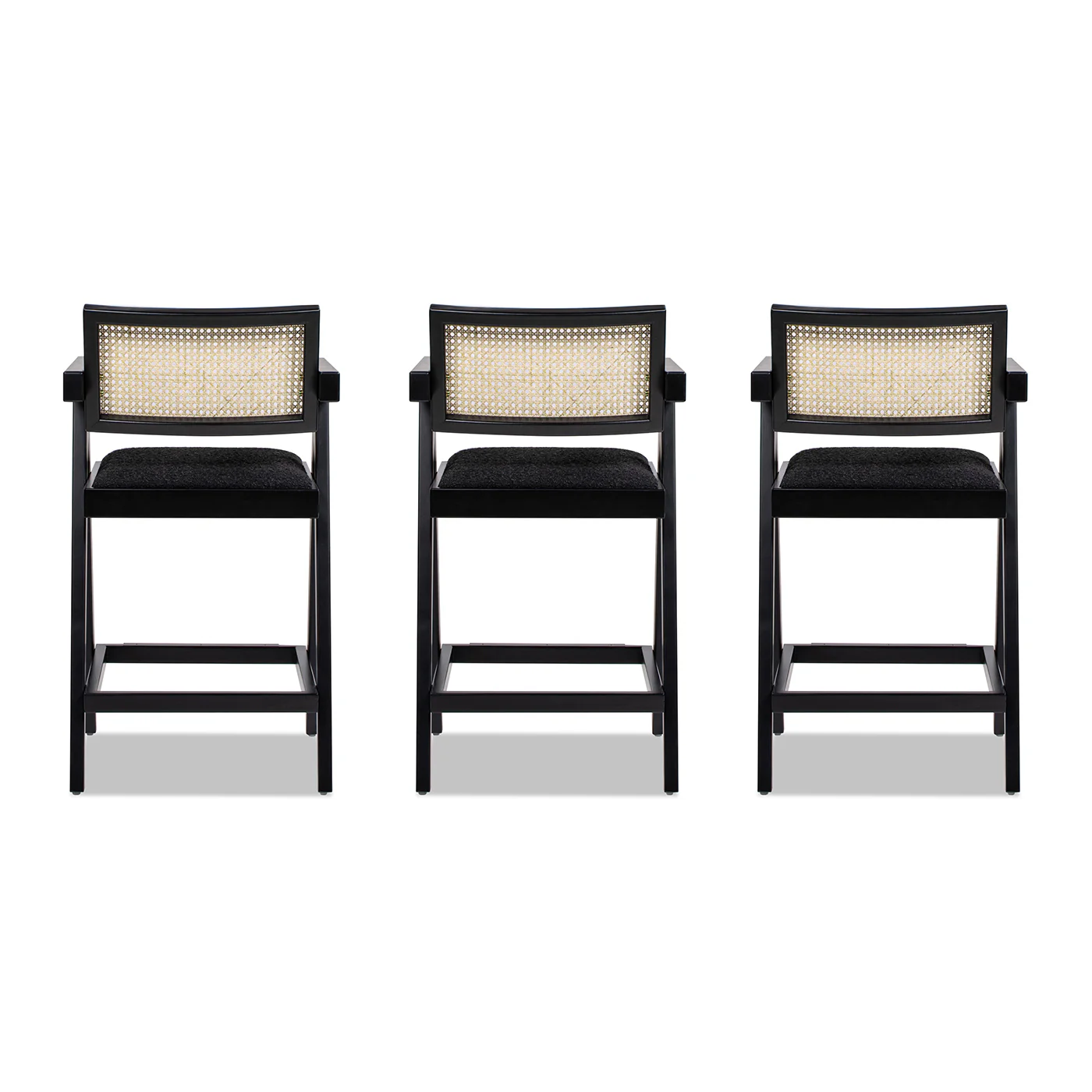 Milan 25.5' Modern Resin Webbing Back Boucle Bar Stool with Arms, Set of 3 - Image 8