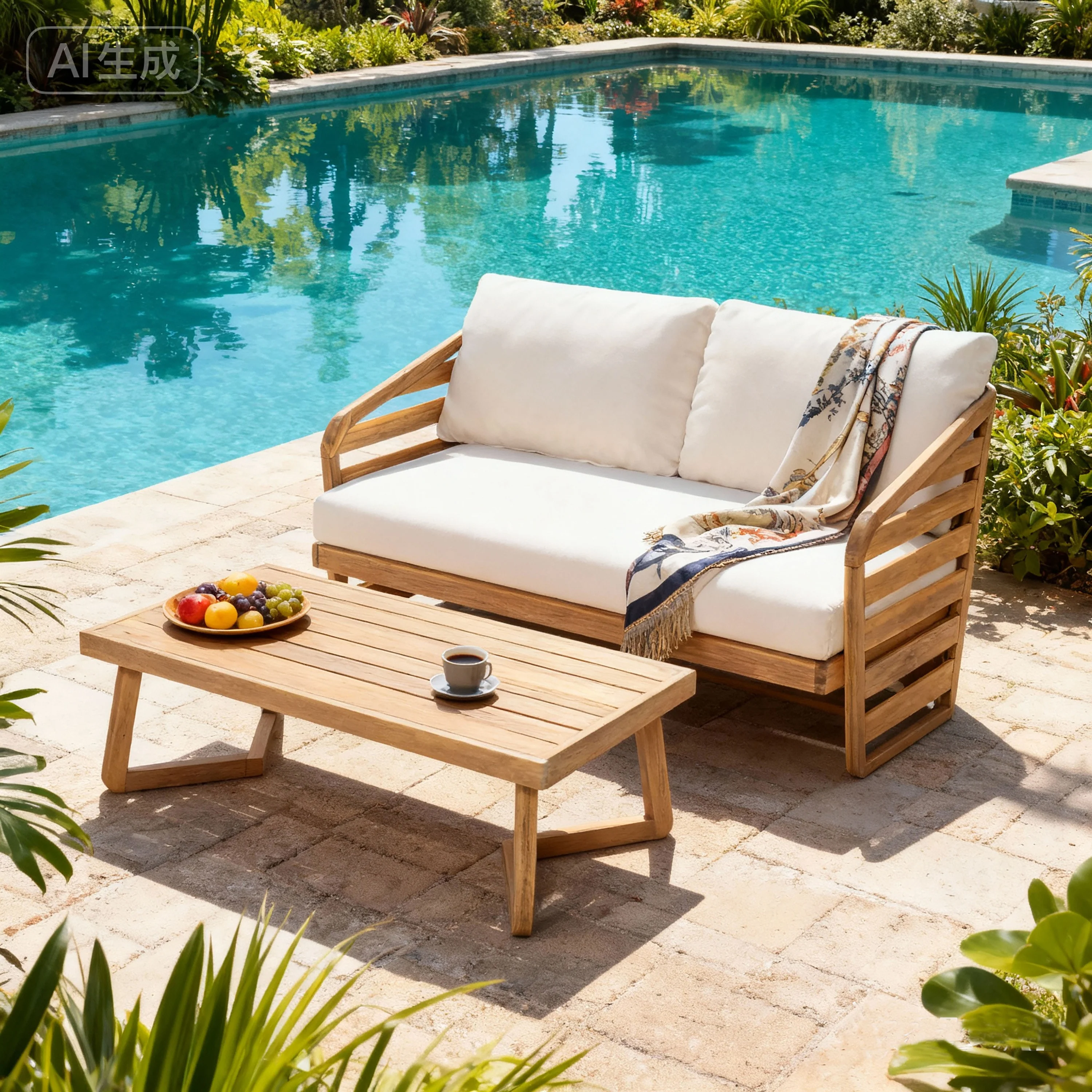Minimalist Acacia Wood Outdoor Patio Loveseat and Coffee Table Set