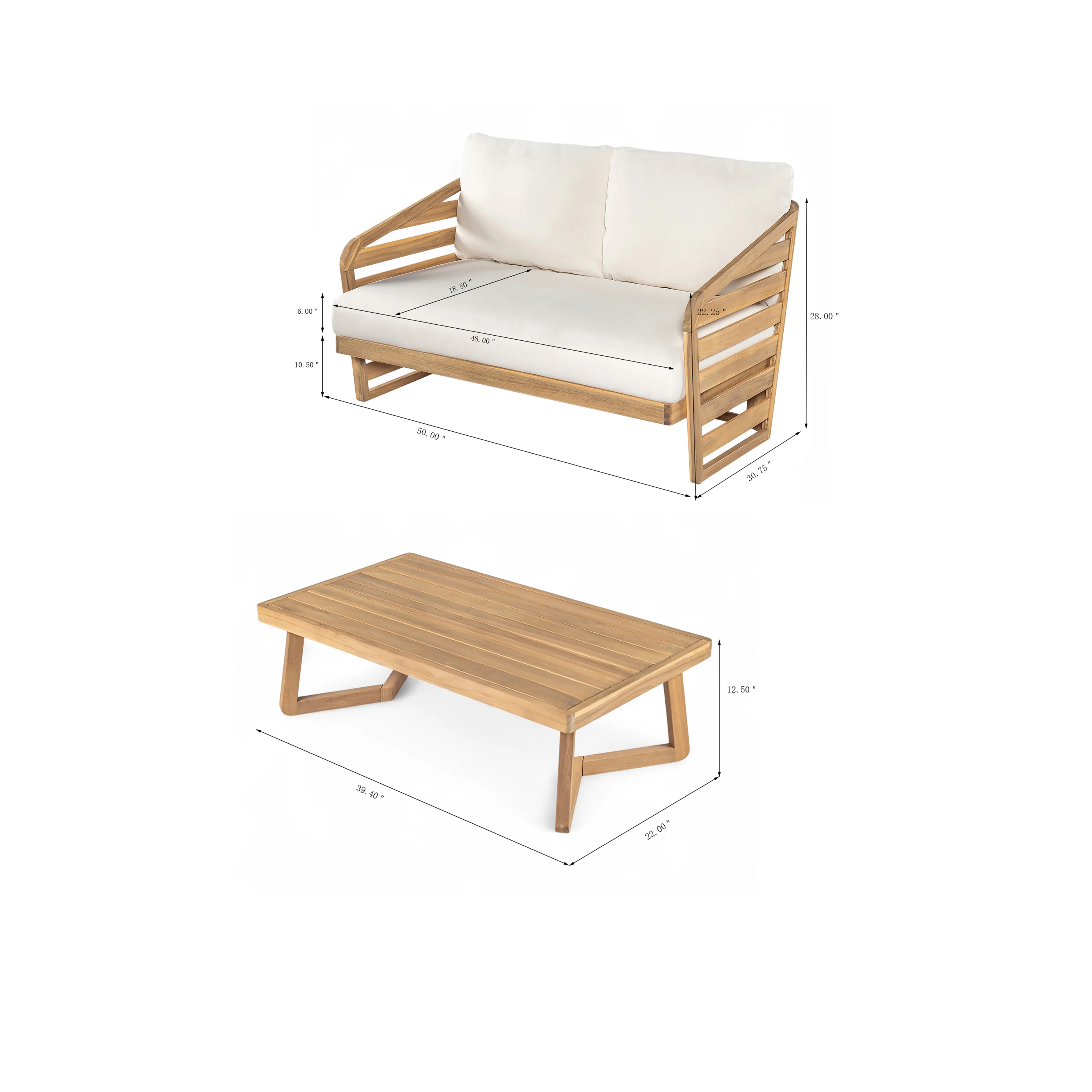 Minimalist Acacia Wood Outdoor Patio Loveseat and Coffee Table Set - Image 16