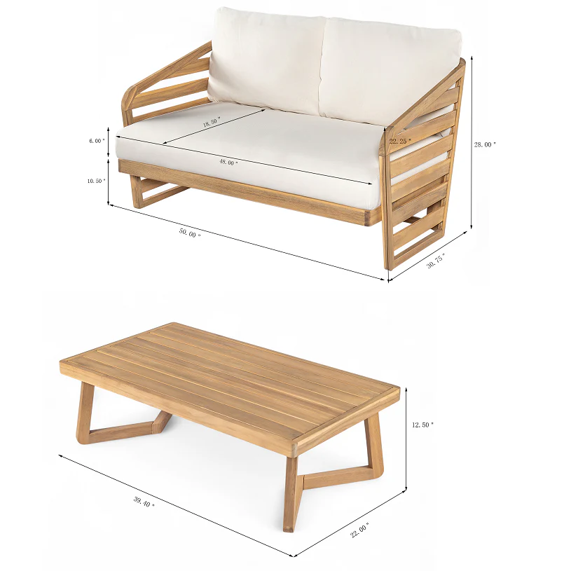 Minimalist Acacia Wood Outdoor Patio Loveseat and Coffee Table Set - Image 17
