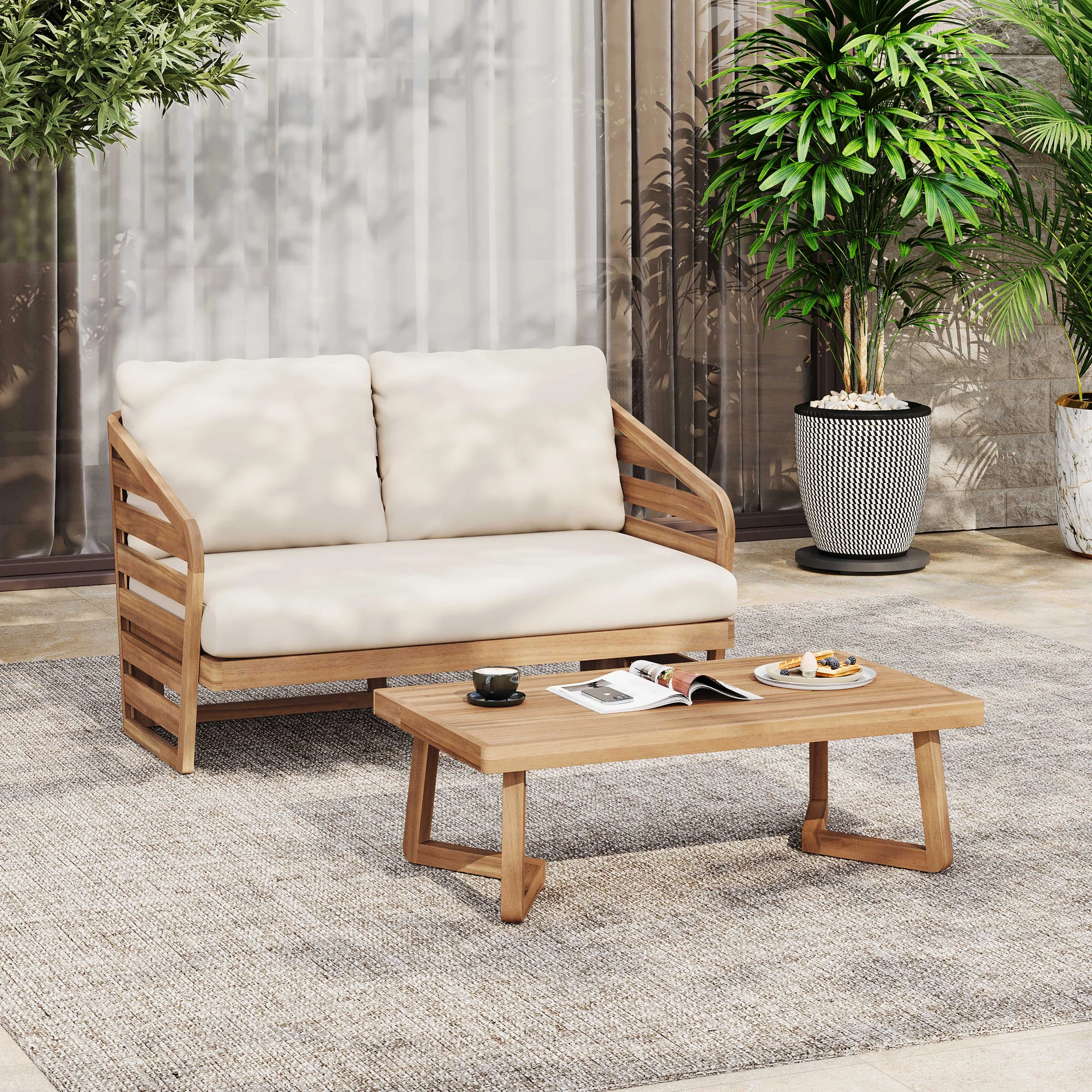 Minimalist Acacia Wood Outdoor Patio Loveseat and Coffee Table Set - Image 2