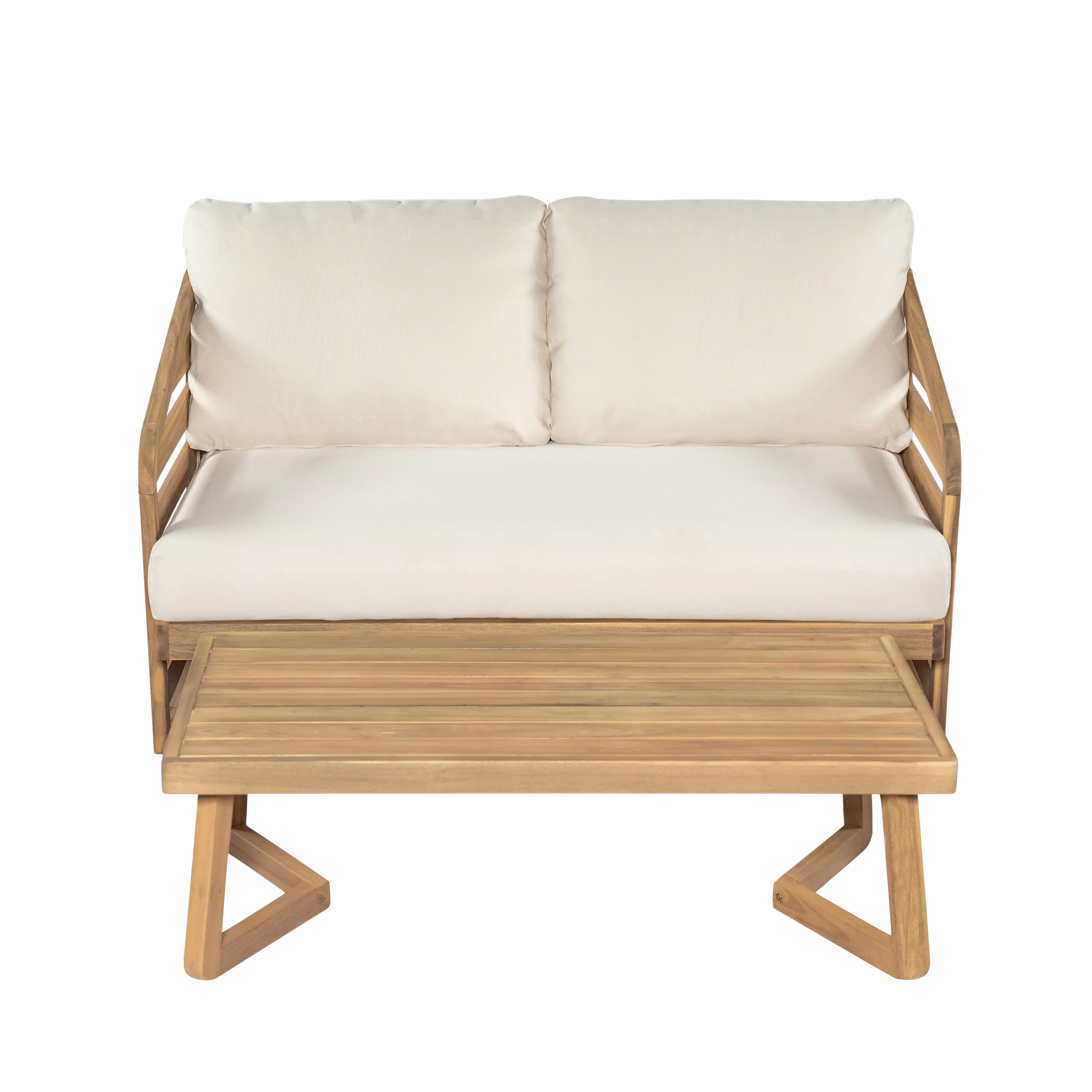 Minimalist Acacia Wood Outdoor Patio Loveseat and Coffee Table Set - Image 3
