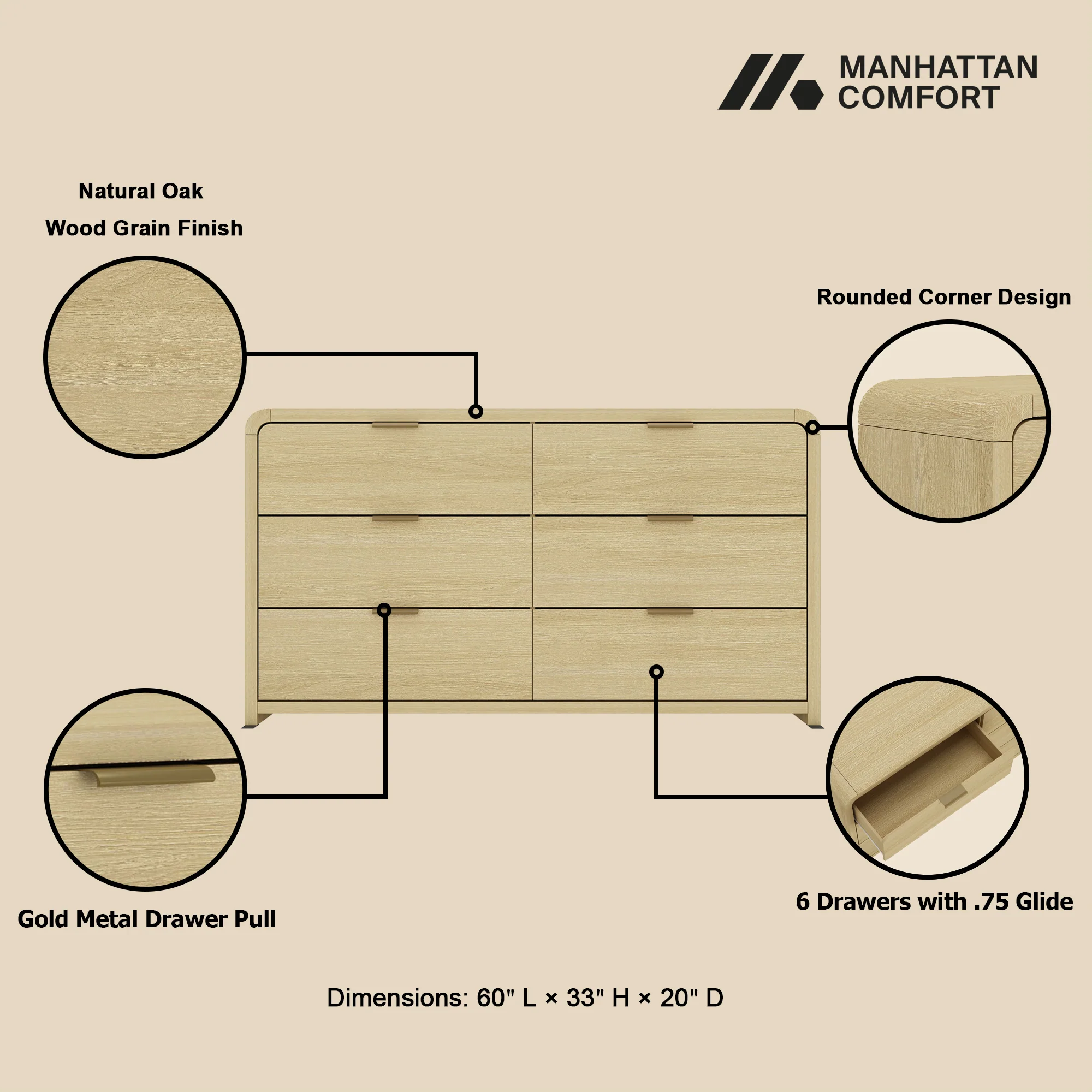 Minimalist Curve Design 6 Drawer Dresser - Image 2