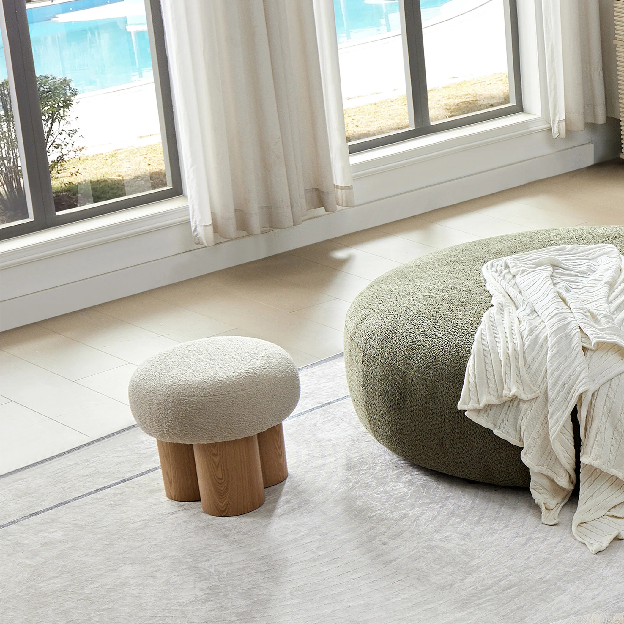 Walker Edison | Minimalist Curve Wooden Mushroom Boucle Stool - Image 3