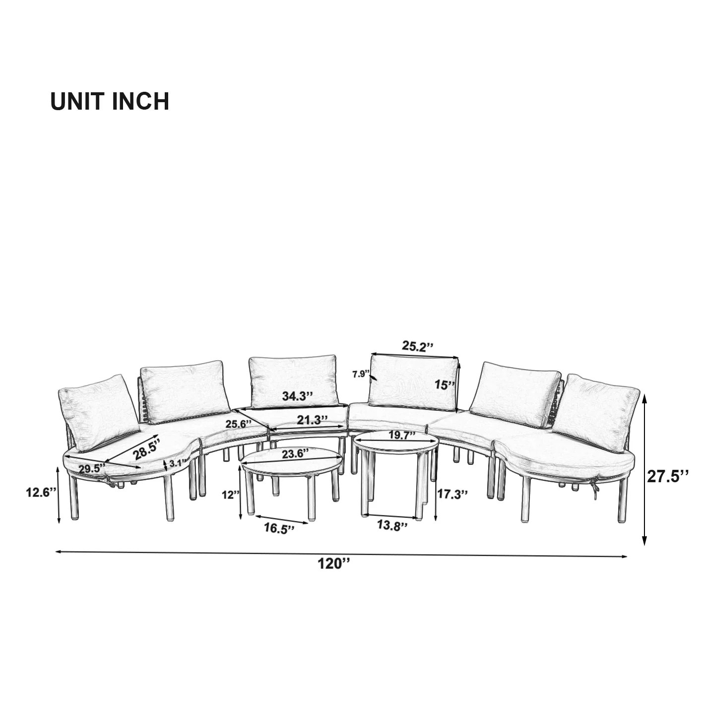 Walker Edison | Minimalist Half Moon Outdoor 8-Piece Modular Sofa Set with Nesting Tables - Image 8