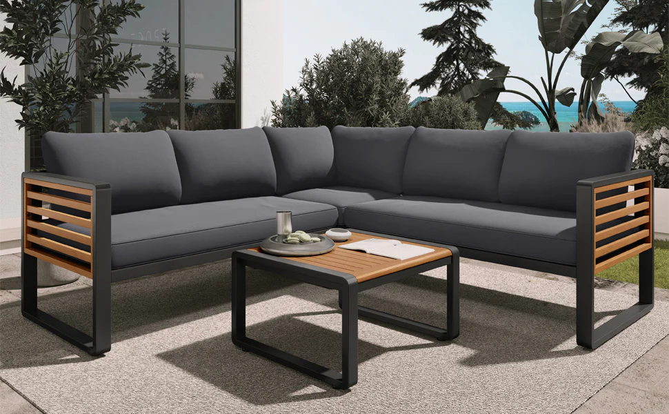Minimalist Metal and Wood 4 Pieces Outdoor Patio L-Shape Sectional Couch with Coffee Table - Image 11