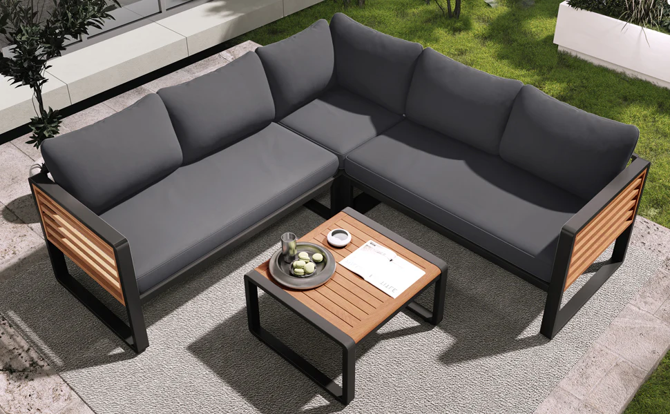 Minimalist Metal and Wood 4 Pieces Outdoor Patio L-Shape Sectional Couch with Coffee Table - Image 12