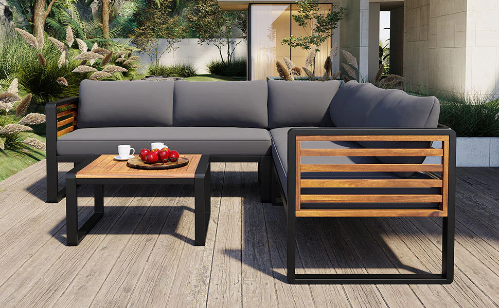 Minimalist Metal and Wood 4 Pieces Outdoor Patio L-Shape Sectional Couch with Coffee Table - Image 13