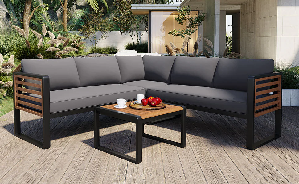 Minimalist Metal and Wood 4 Pieces Outdoor Patio L-Shape Sectional Couch with Coffee Table - Image 14